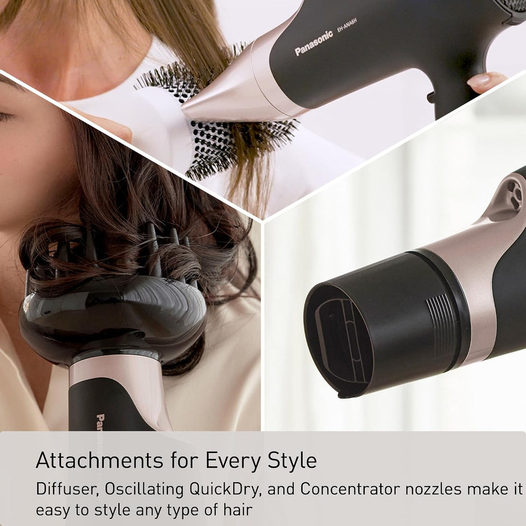 Panasonic Nanoe Salon Hair Dryer with Oscillating QuickDry Nozzle, Diffuser & Concentrator Attachments, 3 Heat & 2 Speed Settings, Japanese Technology for All Hair Types – EH-ANA6HN (Black/Pink Gold)