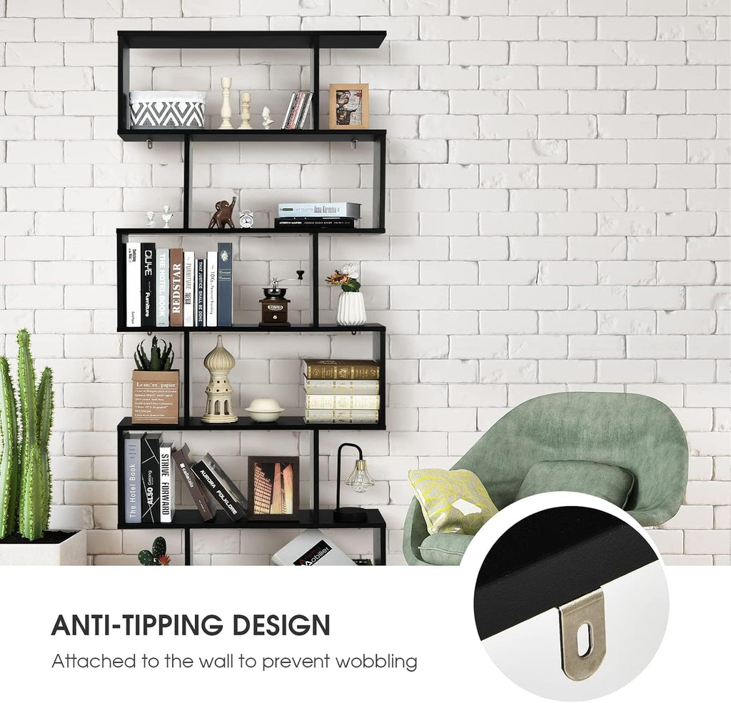 Giantex Geometric Bookcase Set of 2, S-Shaped Wooden Bookshelf, 6-Tier Modern Freestanding Decorative Storage Display Shelves for Bedroom, Living Room (2, Black)