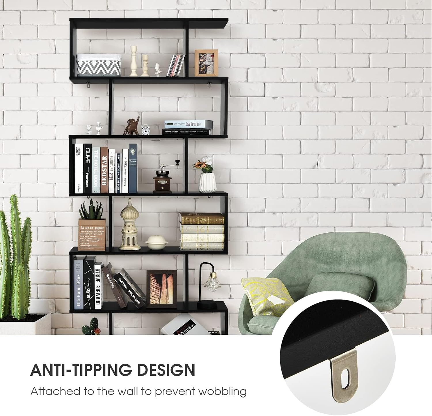 Giantex Geometric Bookcase Set of 2, S-Shaped Wooden Bookshelf, 6-Tier Modern Freestanding Decorative Storage Display Shelves for Bedroom, Living Room (2, Black)