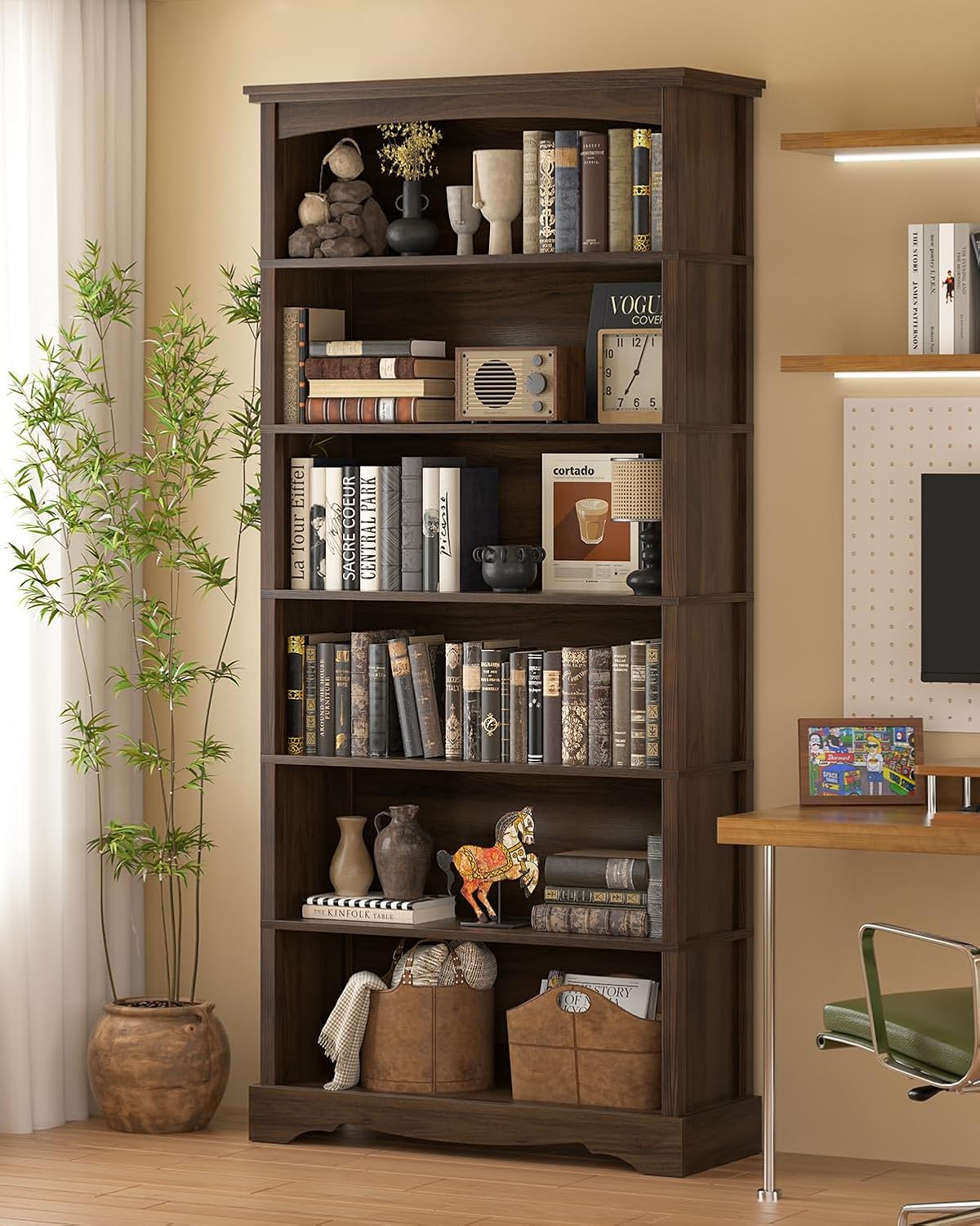 TVU 6-Tier Wooden Bookshelf, 76 Inch Tall Bookshelf with Storage, Floor Standing Modern Style Display Bookcase for Living Room, Office, Study Room, Entryway, Brown
