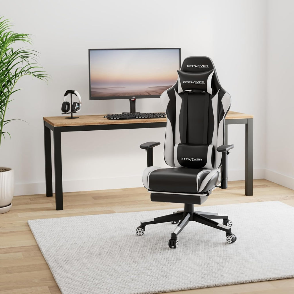 GTPLAYER Gaming Chair with Footrest, Ergonomic Computer Game Desk Chair, Reclining Game Chair Seat Height Adjustment, Swivel Rocker with Headrest and Lumbar (White)