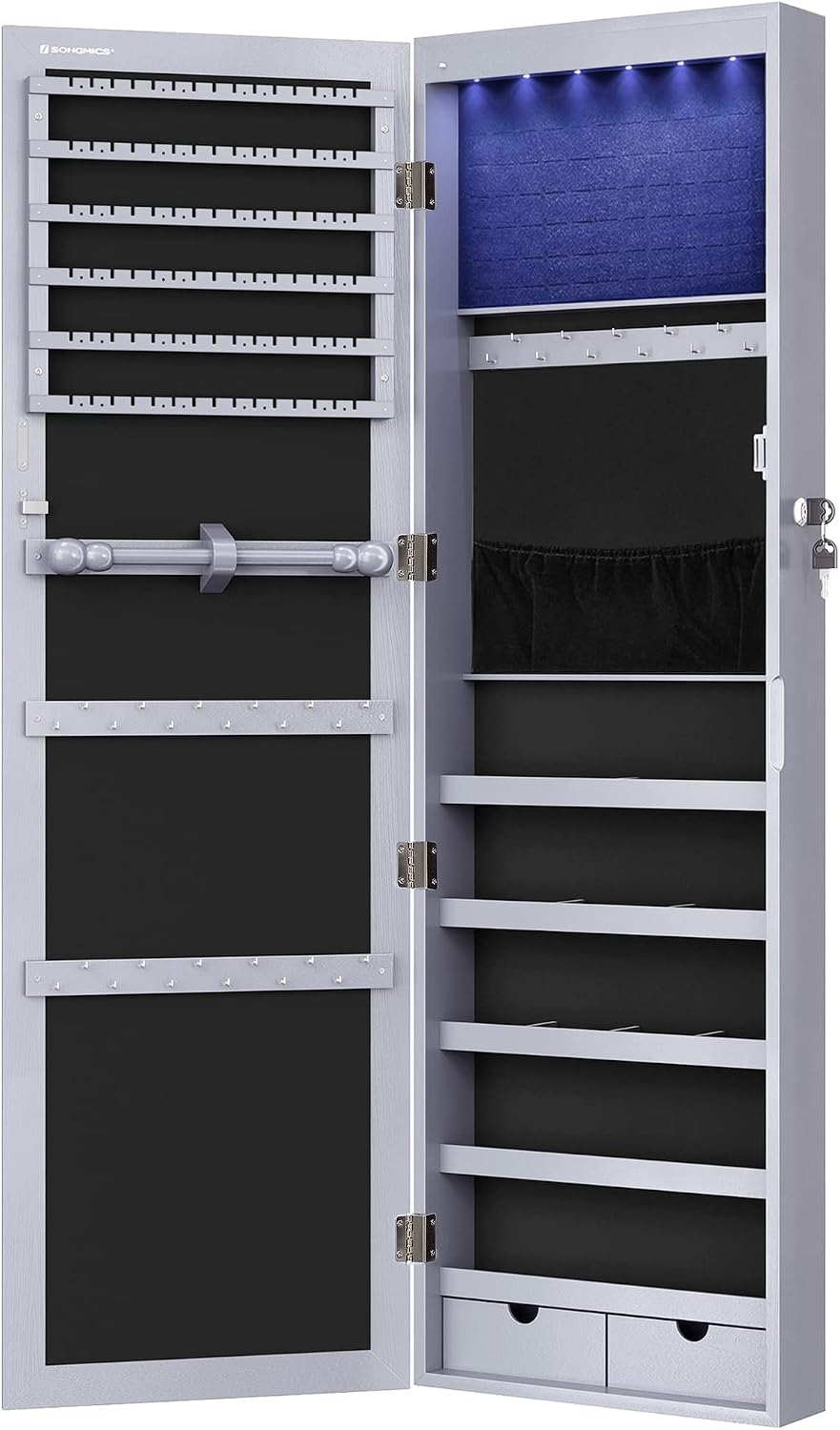 SONGMICS 6 LEDs Mirror Jewelry Cabinet, 47.2-Inch Tall Lockable Wall or Door Mounted Jewelry Armoire Organizer with Mirror, 2 Drawers, 3.9 x 14.6 x 47.2 Inches, Gray UJJC93GY