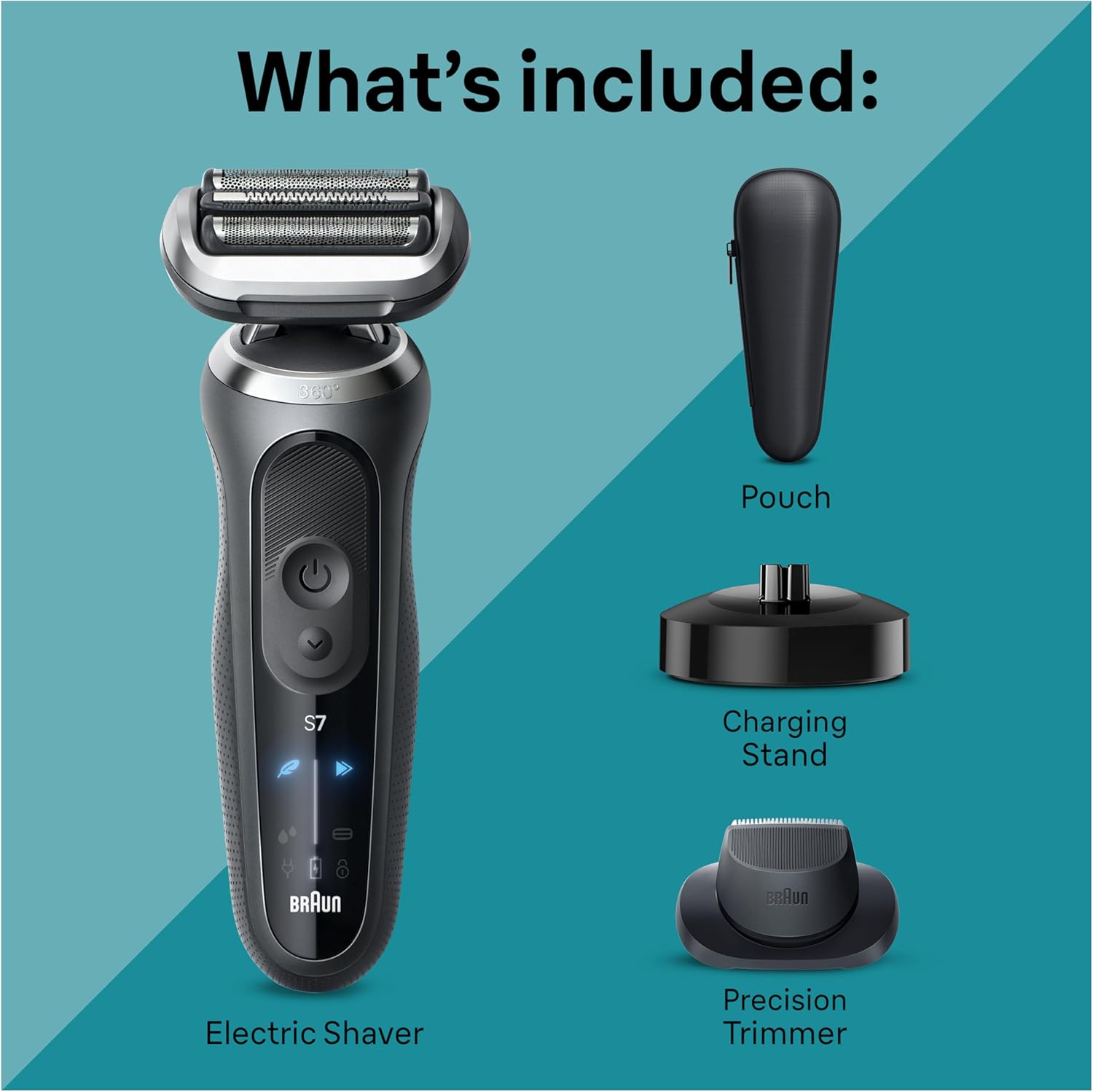 Braun Electric Shaver for Men, Series 7 7127cs, Wet & Dry Shave, Turbo & Gentle Shaving Modes, Waterproof Foil Shaver, Engineered in Germany, with Beard Trimmer, Charging Stand, Space Grey