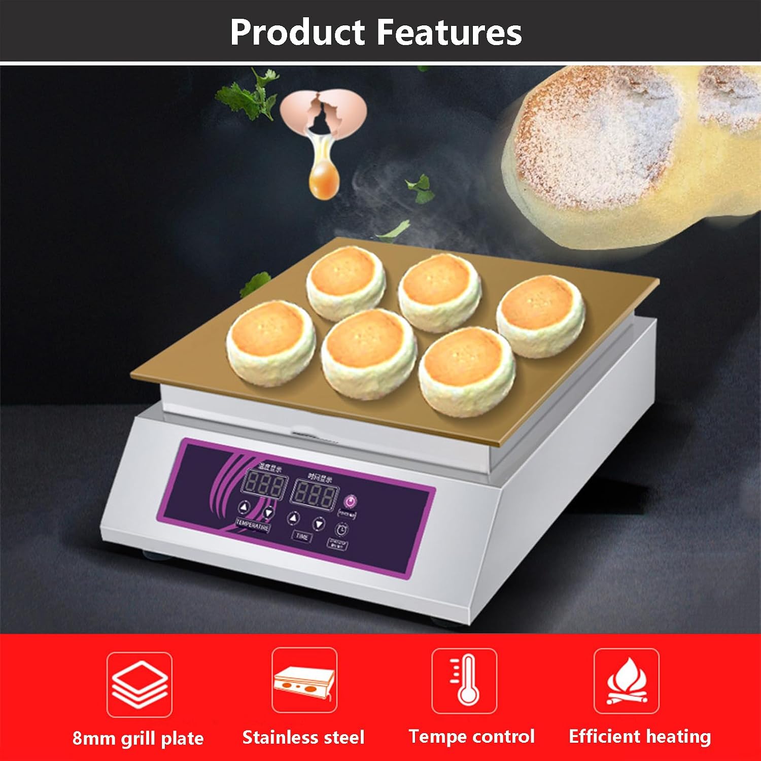 1300w Electric Machine Waffle Maker Commercial Electric Griddle with Gloves, Electric Contact Grill with Temperature Display + Time Display, for Desserts,
