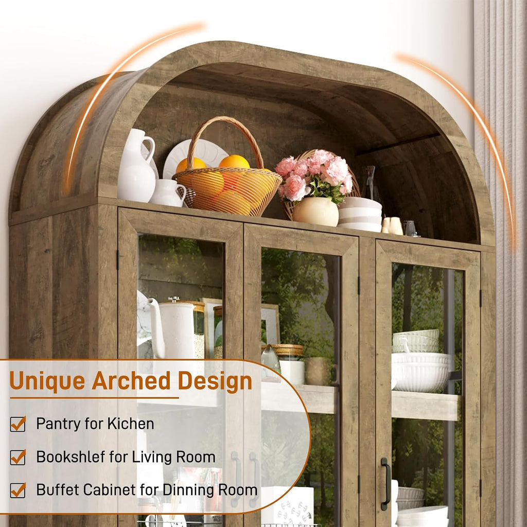 chartustriable 73' Tall Arched Kitchen Pantry Cabinet w Load-Bearing Steel Pipe,Modern Farmhouse Kitchens Storage Cabinet with Drawer and Glass Doors,Tall Arched Bookcase,Pantry Organizer(Natural)