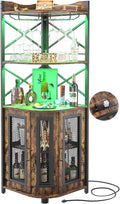 Aheaplus Corner Bar Cabinet with Power Outlet, Industrial Wine Cabinet with LED Strip and Glass Holder, 5-Tiers Liquor Cabinet Bar Unit for Home, Corner Display Cabinet for Small Space, Rustic Brown