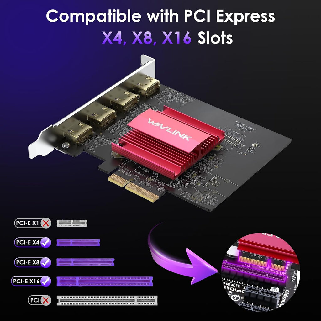 WAVLINK 4K PCIE 4 HDMI Monitors Card, PCIE to HDMI Adapter Supports Extend 4 Monitors Output for Windows 11/10 & Ubuntu with DisplayLink DL7400(Non-Gaming GPU)