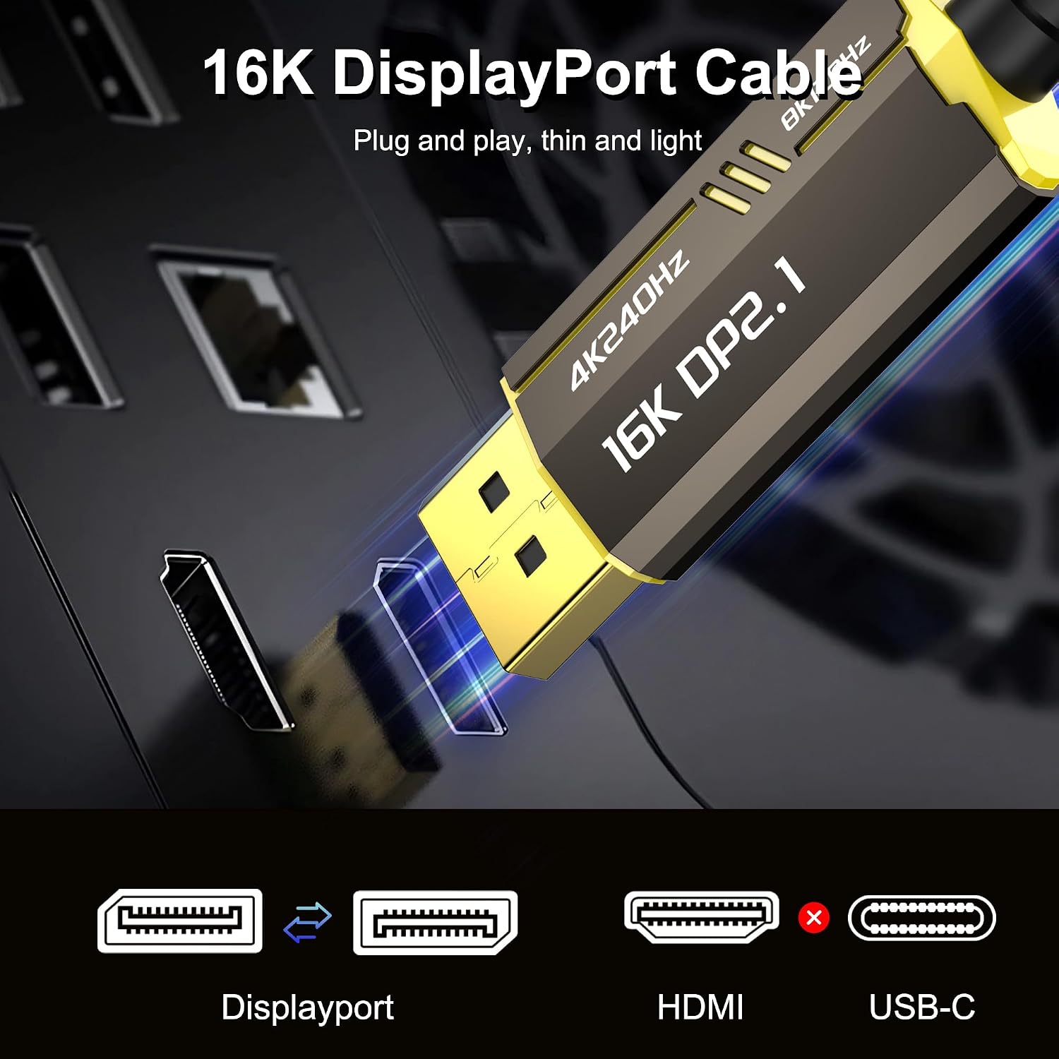 Fiber Optic DisplayPort Cable 2.1 100ft, 16K Fiber DisplayPort 2.0 Cable Supports 54Gbps [16K@30Hz, 8K@60Hz, 4K@240Hz] Supports FreeSync and G-Sync Technologies for Gaming Monitor Graphics PC