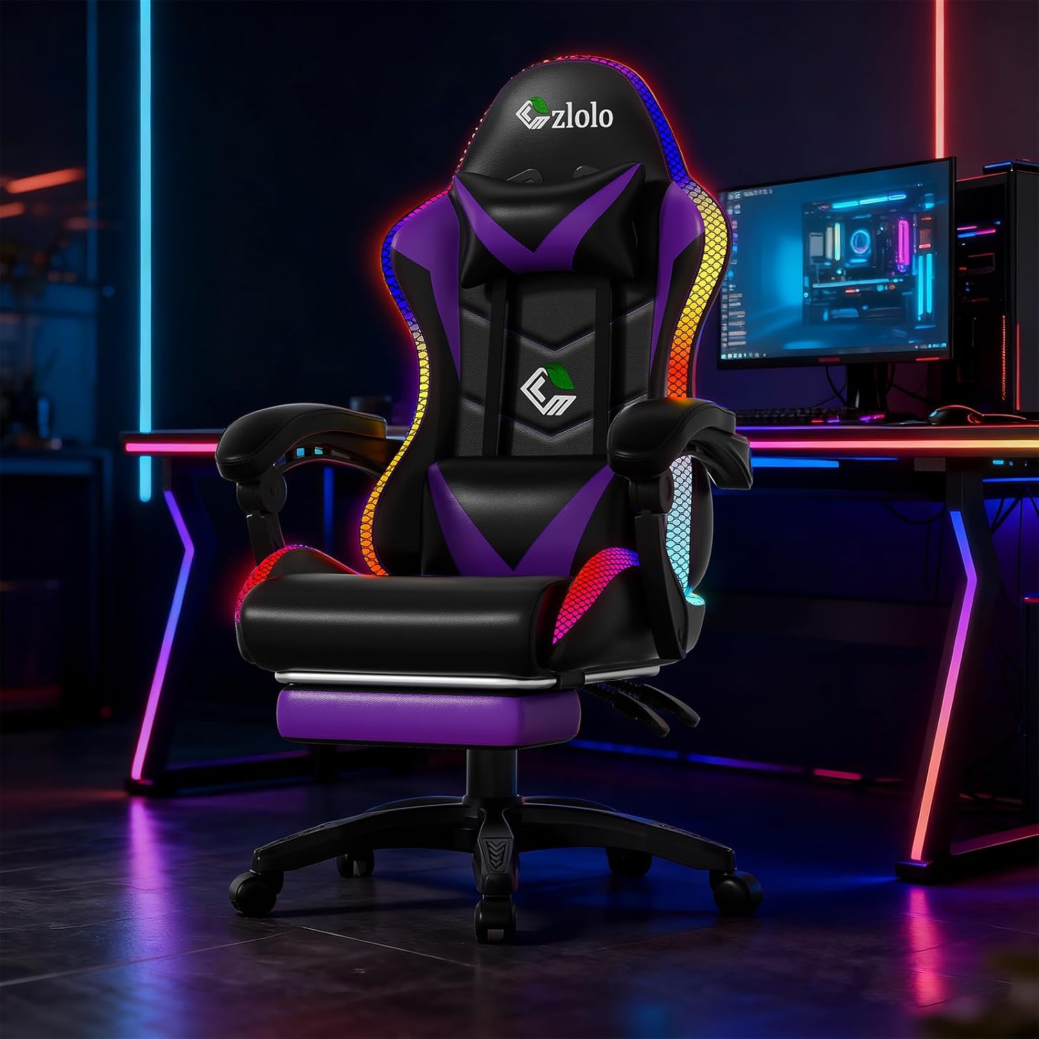 Czlolo RGB LED Lights Gaming Chair with Footrest for Adults and Kids, Lumbar Support Massager Video Game Chair, High Back Reclining Gamer Chair with Headrest, Swivel Office Computer Desk Chair(Purple)