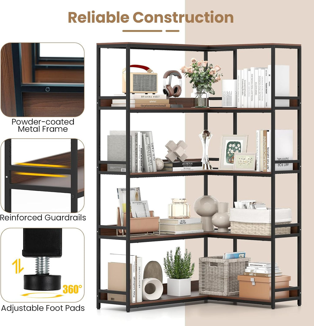Giantex 5-Tier Corner Bookshelf, 71' L-Shaped Bookcase, Tall Etagere Bookshelf with Metal Frame, Industrial Open Display Shelf, Vertical Storage Rack for Living Room, Study, Office (Walnut)