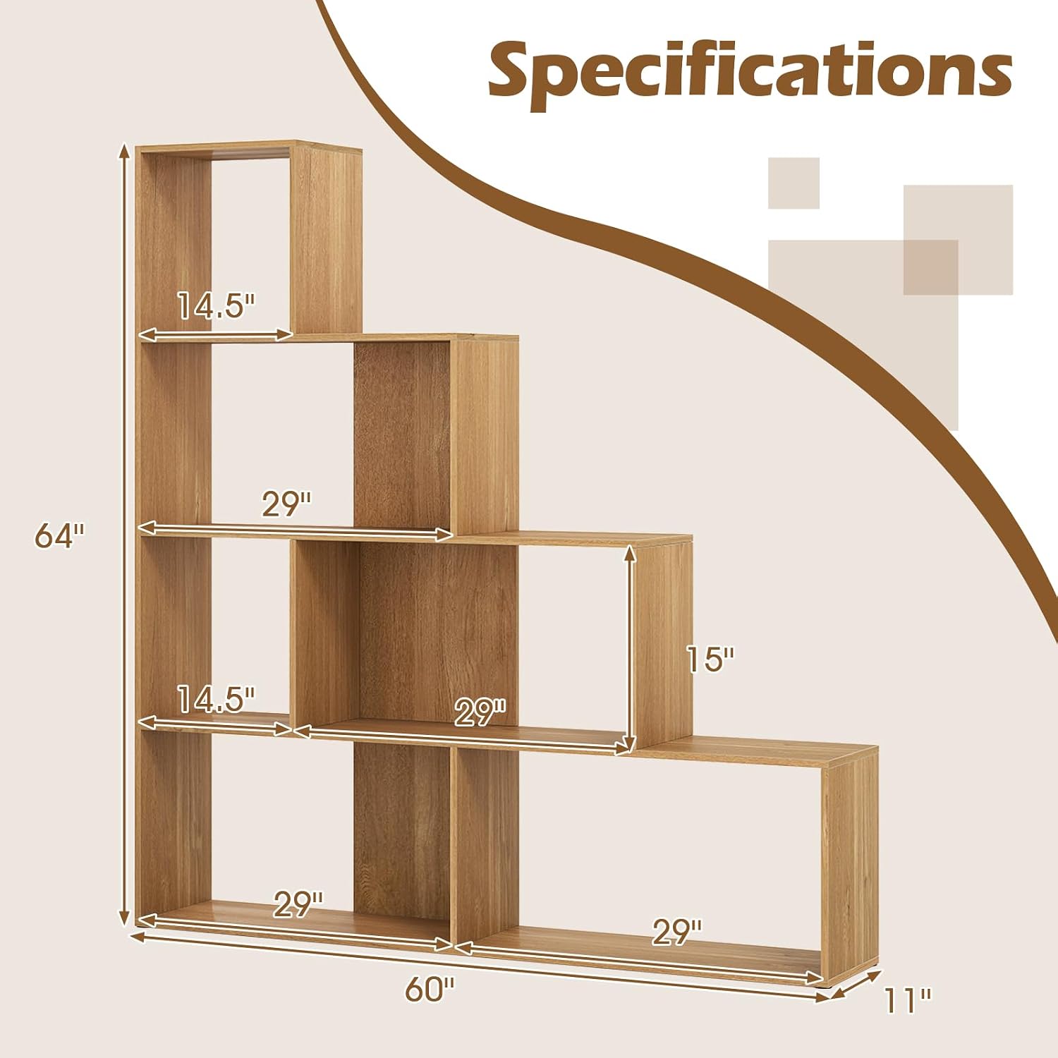 Tangkula 4-Tier Stepped Bookshelf, Freestanding 6 Cubes Ladder Bookcase with Anti-Tipping Kits, 64' Tall Modern Wooden Storage Display Rack for Home Office Living Room Study (1, Natural)