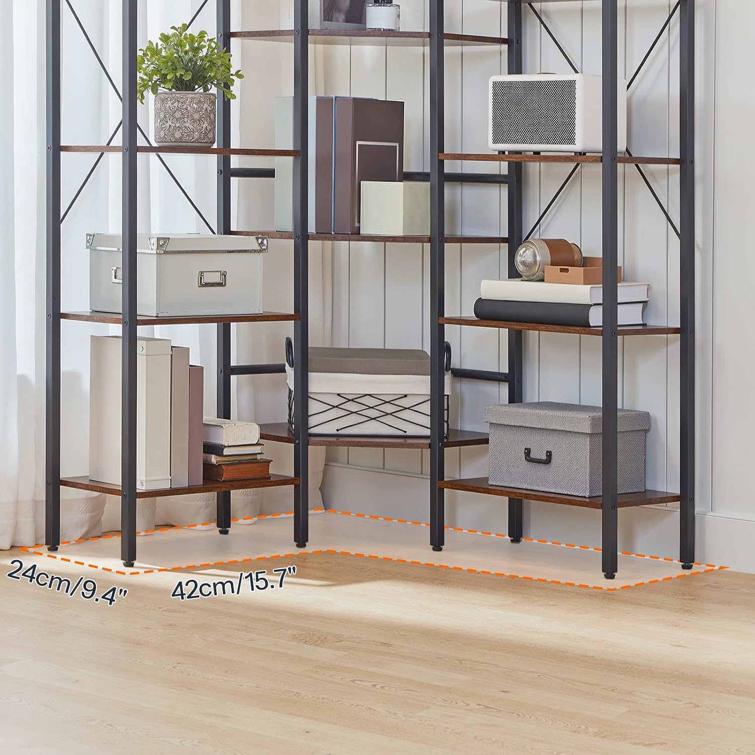 HOOBRO Industrial Corner Bookshelf, 5-Tier L-Shaped Bookcase, Open Display Storage Rack, Floor Standing Storage Shelf, for Living Room, Bedroom, Home Office, Rustic Brown and Black BF68SJ01