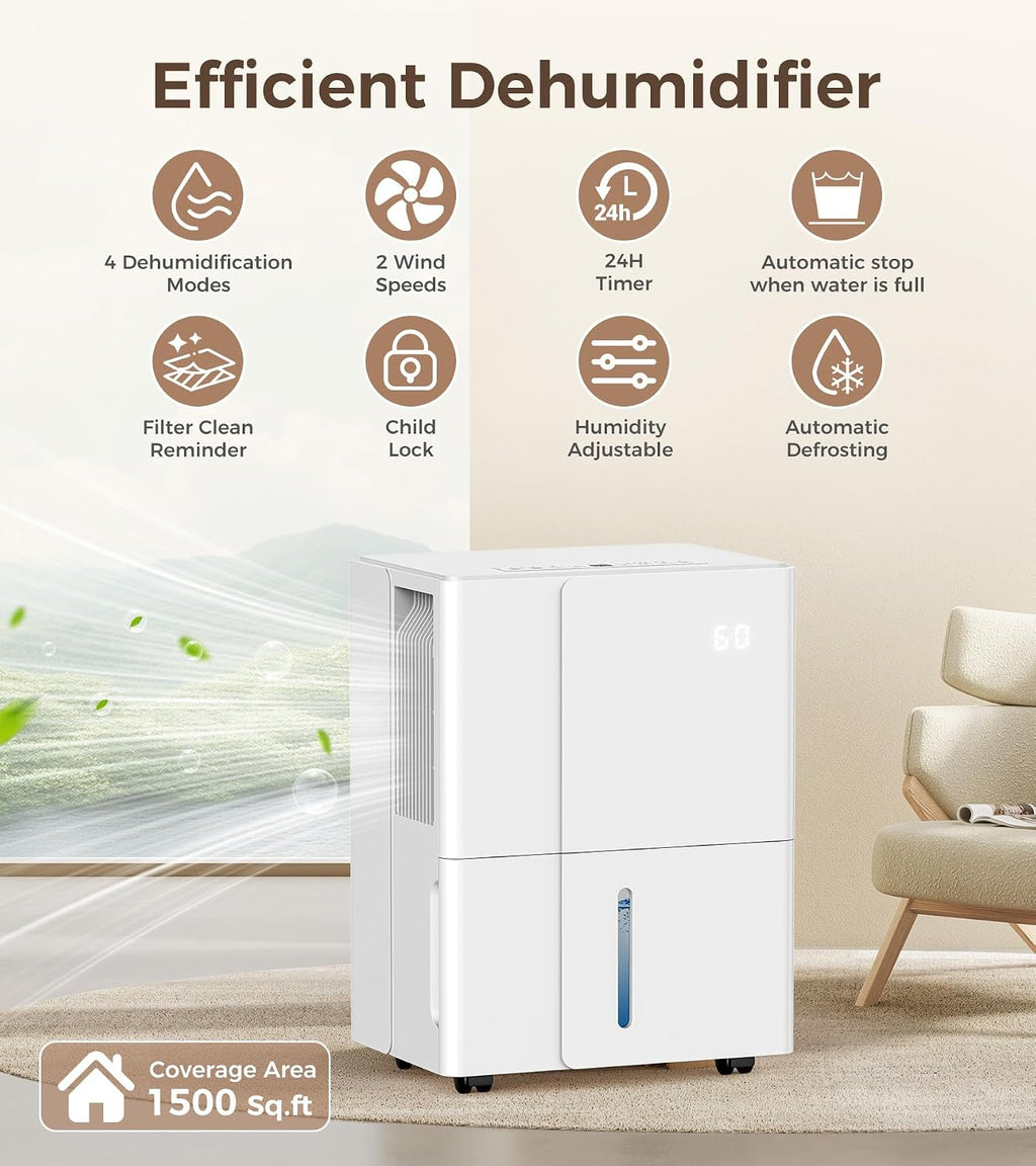 COWSAR 1500 Sq. Ft Dehumidifier, Dehumidifier with Wheels for Basement, Bedroom, Bathroom, Office - 22 Pints, 4 Modes, LED Display, 24H Timer, Whisper-Quiet, 1.2 Gallon Tank