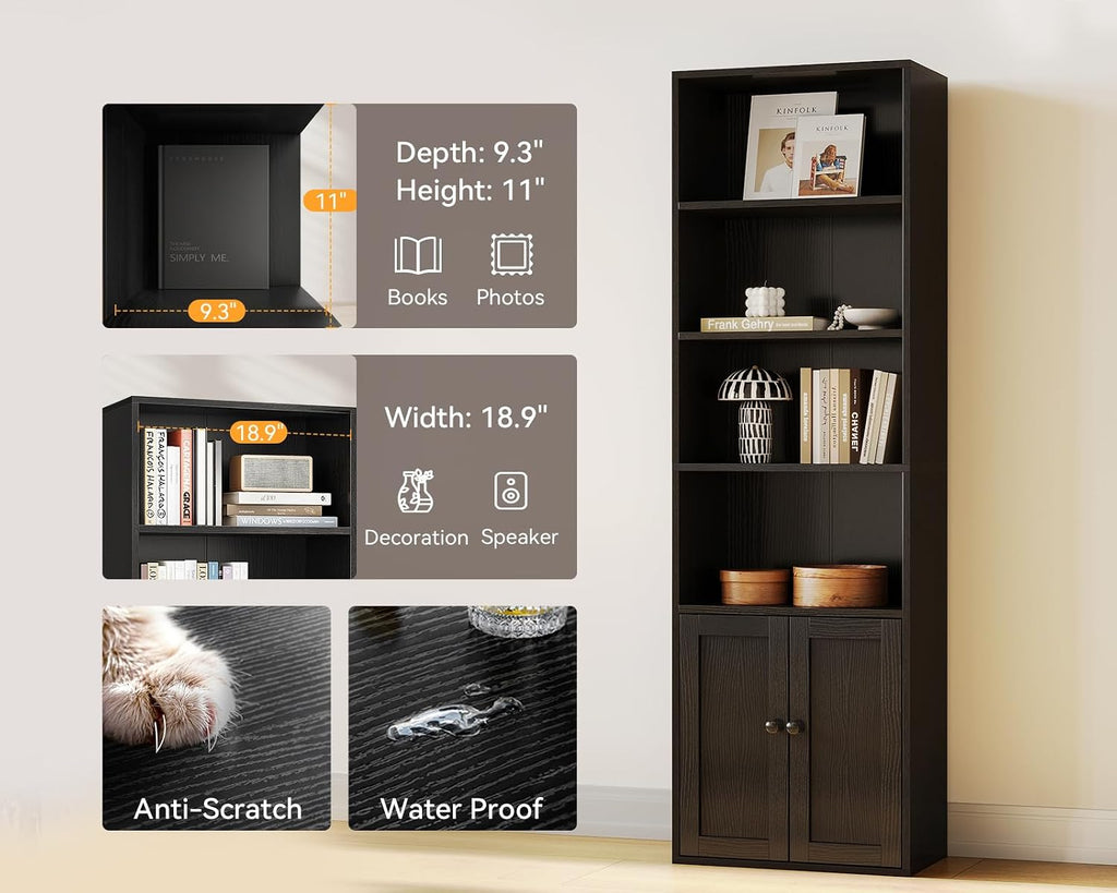 Casaottima Bookshelf and Bookcase with Doors, Floor Standing 6-Tier Shelf Display Storage Shelves, Tall Bookcases for Home Office, Living Room, Black 2 Pack