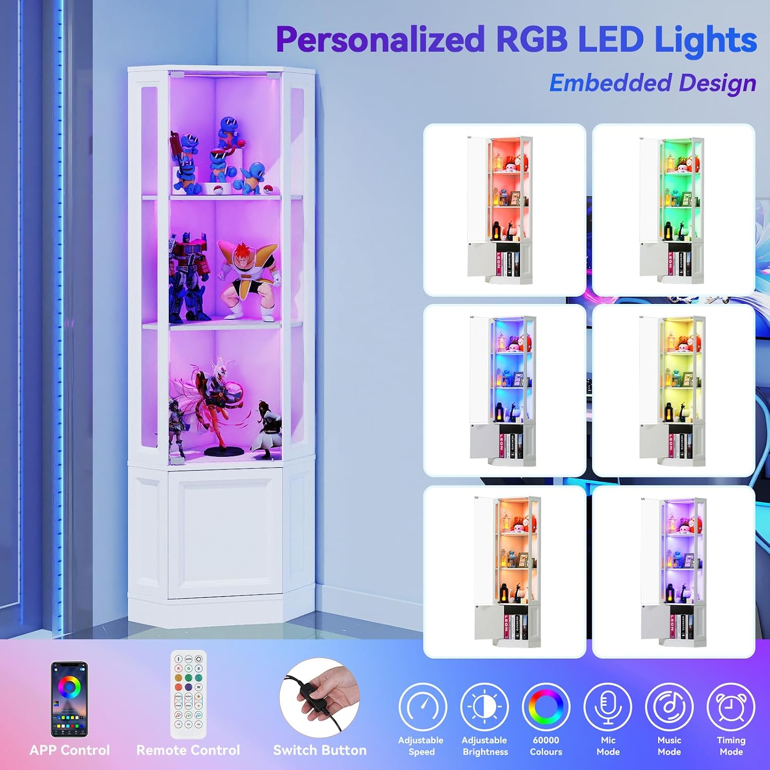 Verano Garden Corner Display Cabinet with Glass Doors, 65' Curio Cabinet w/Multi-Color LED Lights, 4-Tier Lighted Storage Display Case for Collectibles, Showcase Cabinet for Living/Game Room (White)