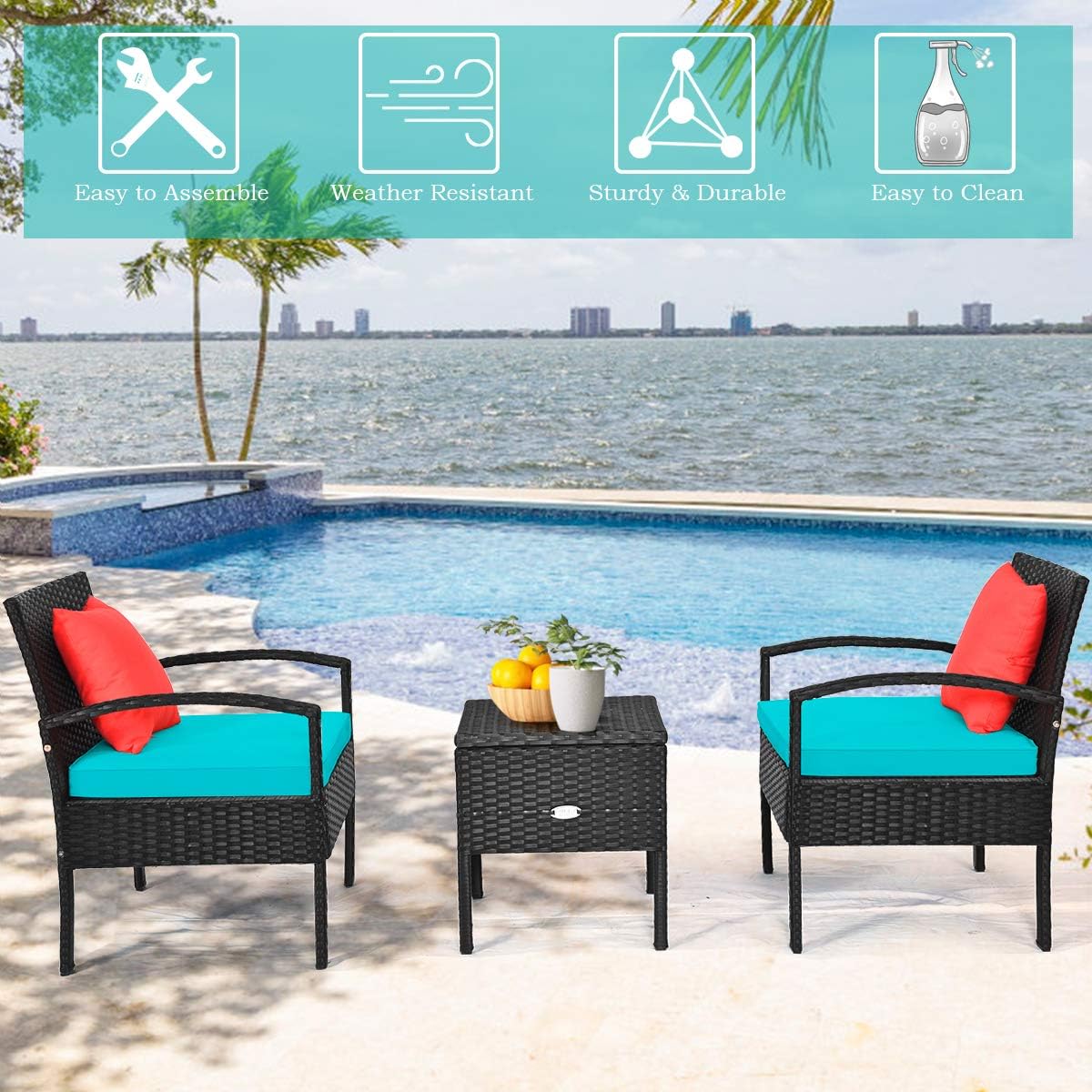 COSTWAY Rattan Patio Furniture Set 3 Pieces, Wicker Conversation Set with Tempered Glass Coffee Table, Seat Cushions, Outdoor Chair Wicker Sofa for Backyard Balcony Porch Poolside, Turquoise
