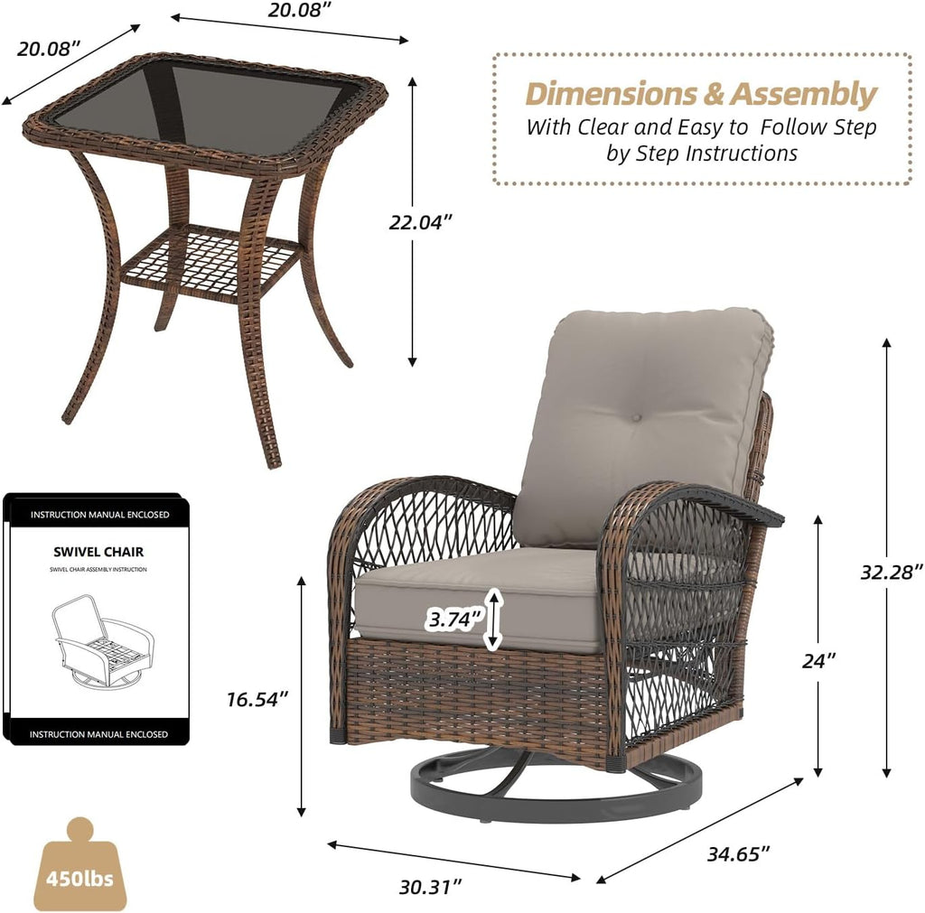 EROMMY 3 Pieces Patio Furniture Set, Outdoor Swivel Rocker Patio Chairs, Wicker Patio Bistro Set with Rocking Chair, Thickened Cushions and Glass Coffee Table for Backyard, Garden, Grey