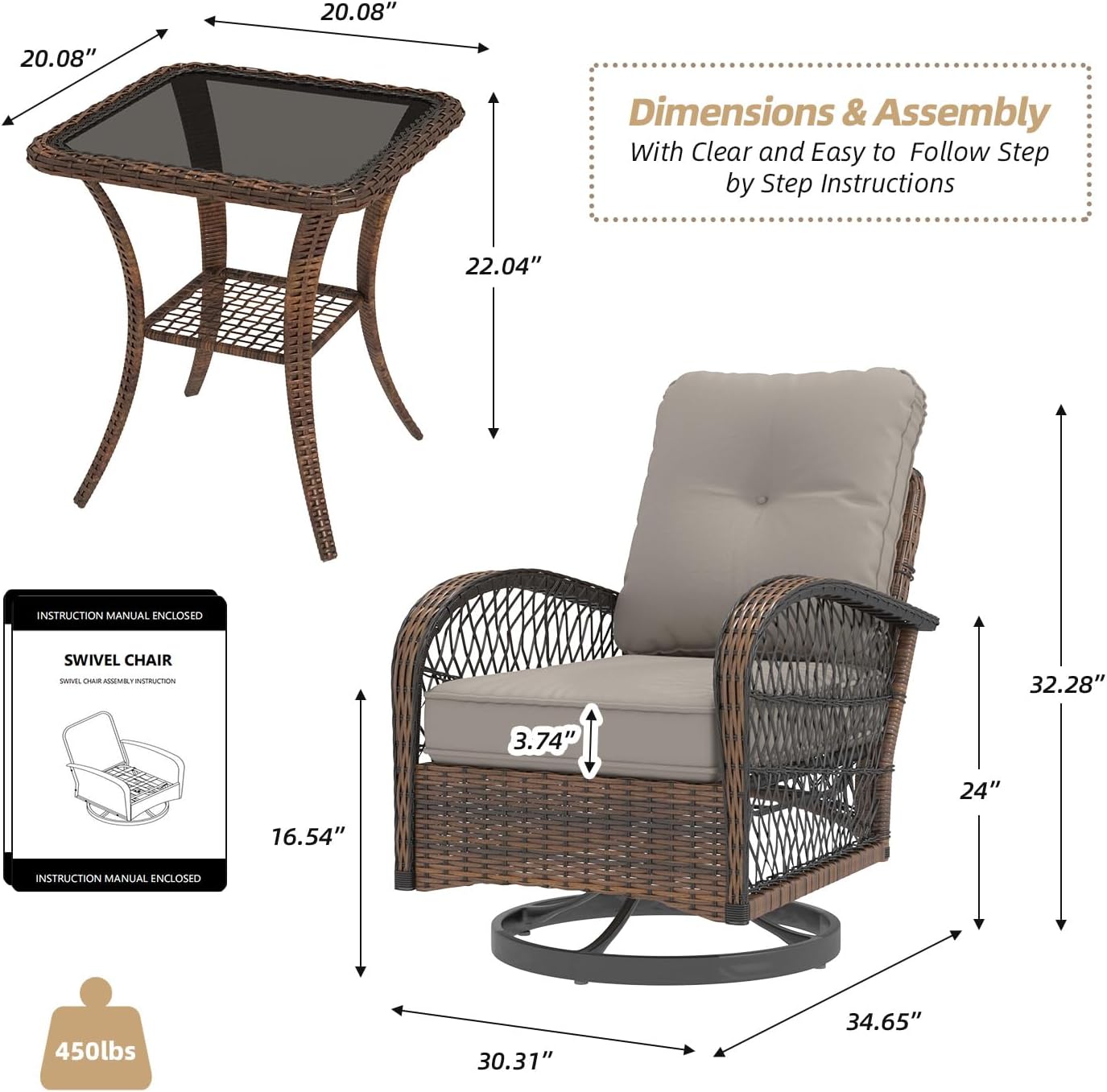 EROMMY 3 Pieces Patio Furniture Set, Outdoor Swivel Rocker Patio Chairs, Wicker Patio Bistro Set with Rocking Chair, Thickened Cushions and Glass Coffee Table for Backyard, Garden, Grey