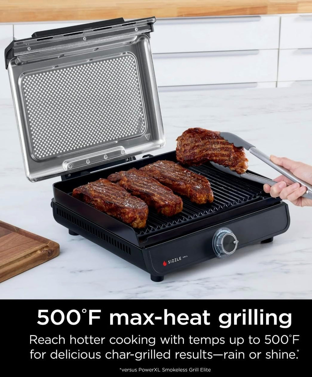 Niinjja Sizzle Indoor Grill, 500°F High Heat Kitchen Grill with Nonstick 14 Inch Plate, Low-Smoke Technology, Edge-to-Edge Heating, Family-Sized Capacity, Countertop Cooking Tool (GR100)
