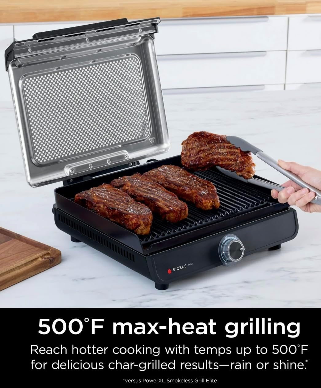 Niinjja Sizzle Indoor Grill, 500°F High Heat Kitchen Grill with Nonstick 14 Inch Plate, Low-Smoke Technology, Edge-to-Edge Heating, Family-Sized Capacity, Countertop Cooking Tool (GR100)