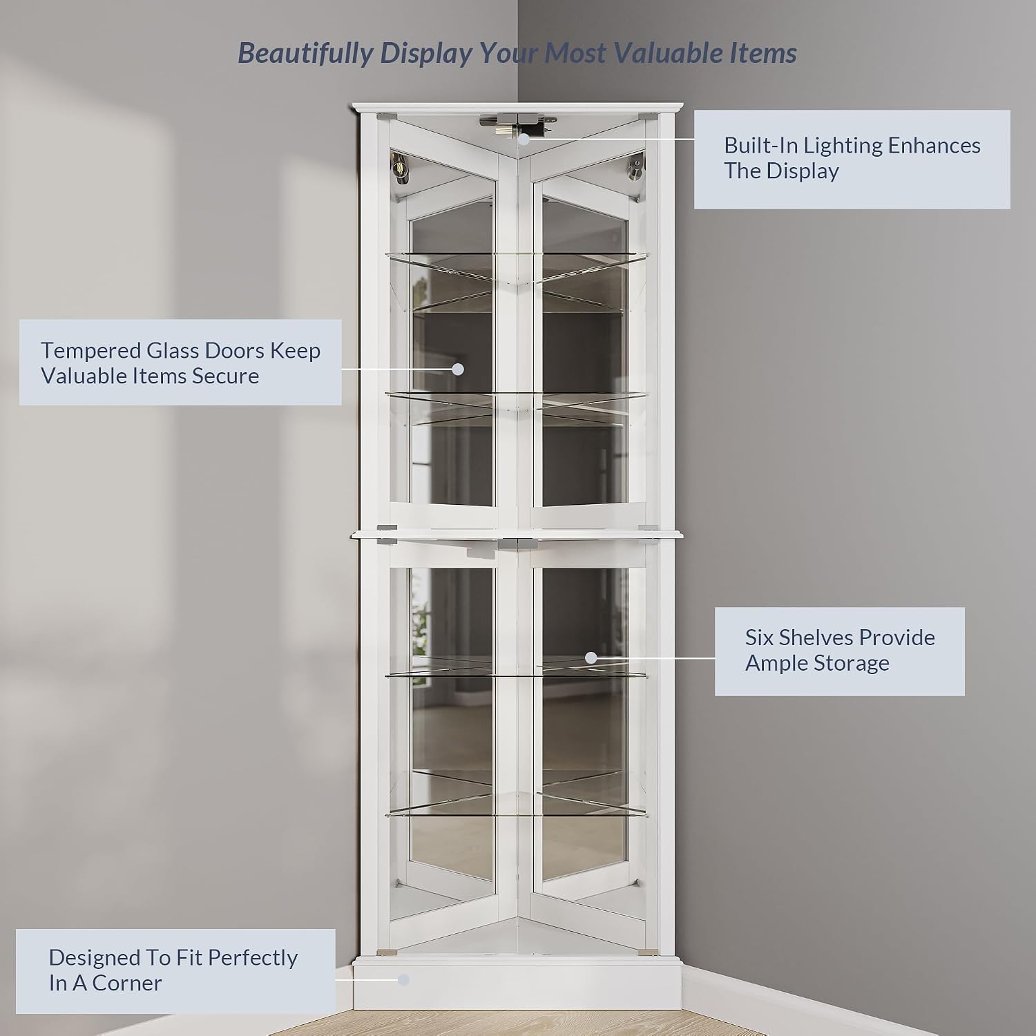 BELLEZE Lighted Accent Corner Display Curio Cabinet with Tempered Glass Doors and Shelves, Classic Wood Cabinet w/Bulb, Corner Curio Storage Rack for Living Room, Bed-Room and Kitchen (White)