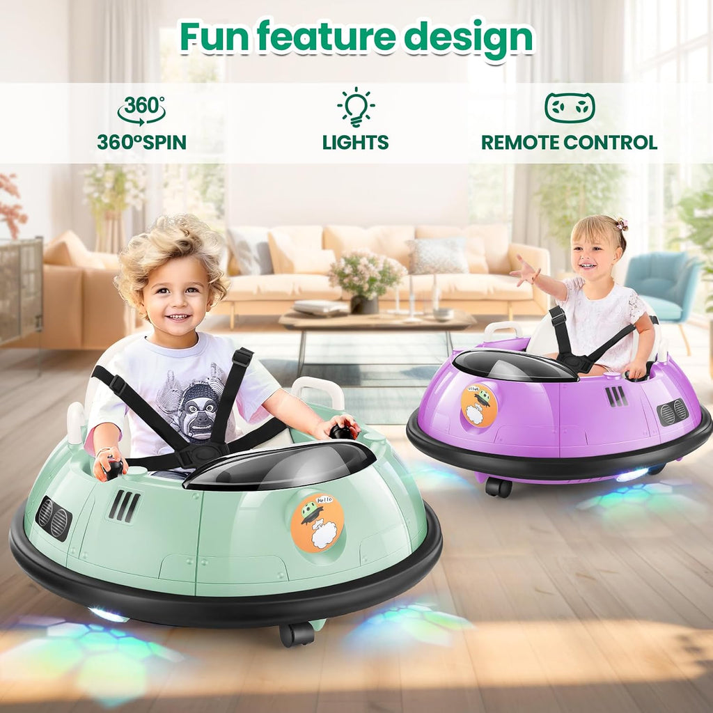 Hikole Baby Bumper Car with Remote Control, 12V Battery Powered Ride on Bumper Car for Toddler with 3 Speed, 360 Degree Spin, LED Lights, Safety Belt, Dual Joysticks, Green