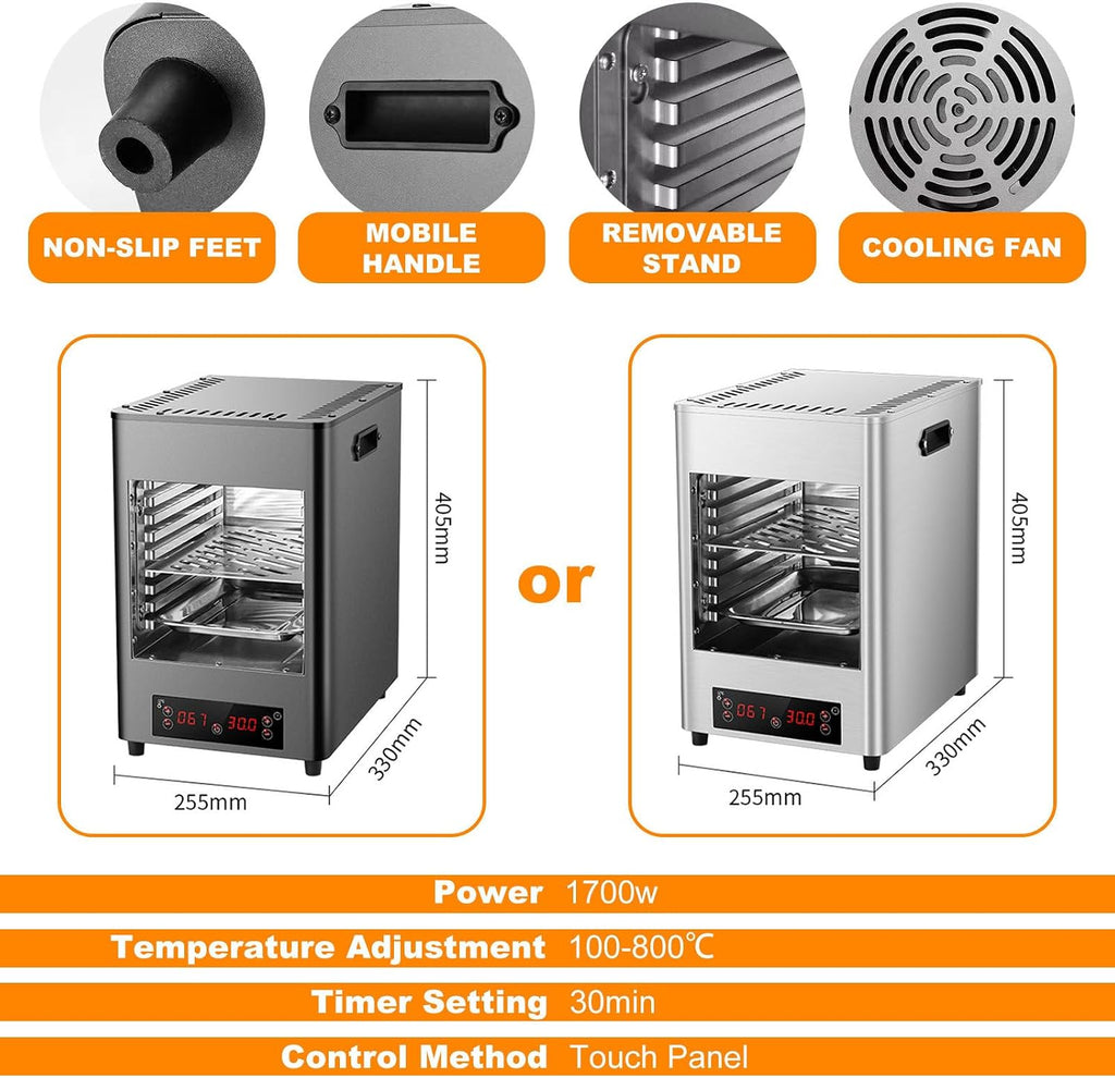 Commercial Indoor Steak Grill/Electric Steak Broiler - 30 Min Time/8 Gears Temperature Adjustable(100-800℃),8-Layer Portable Countertop (Grey)