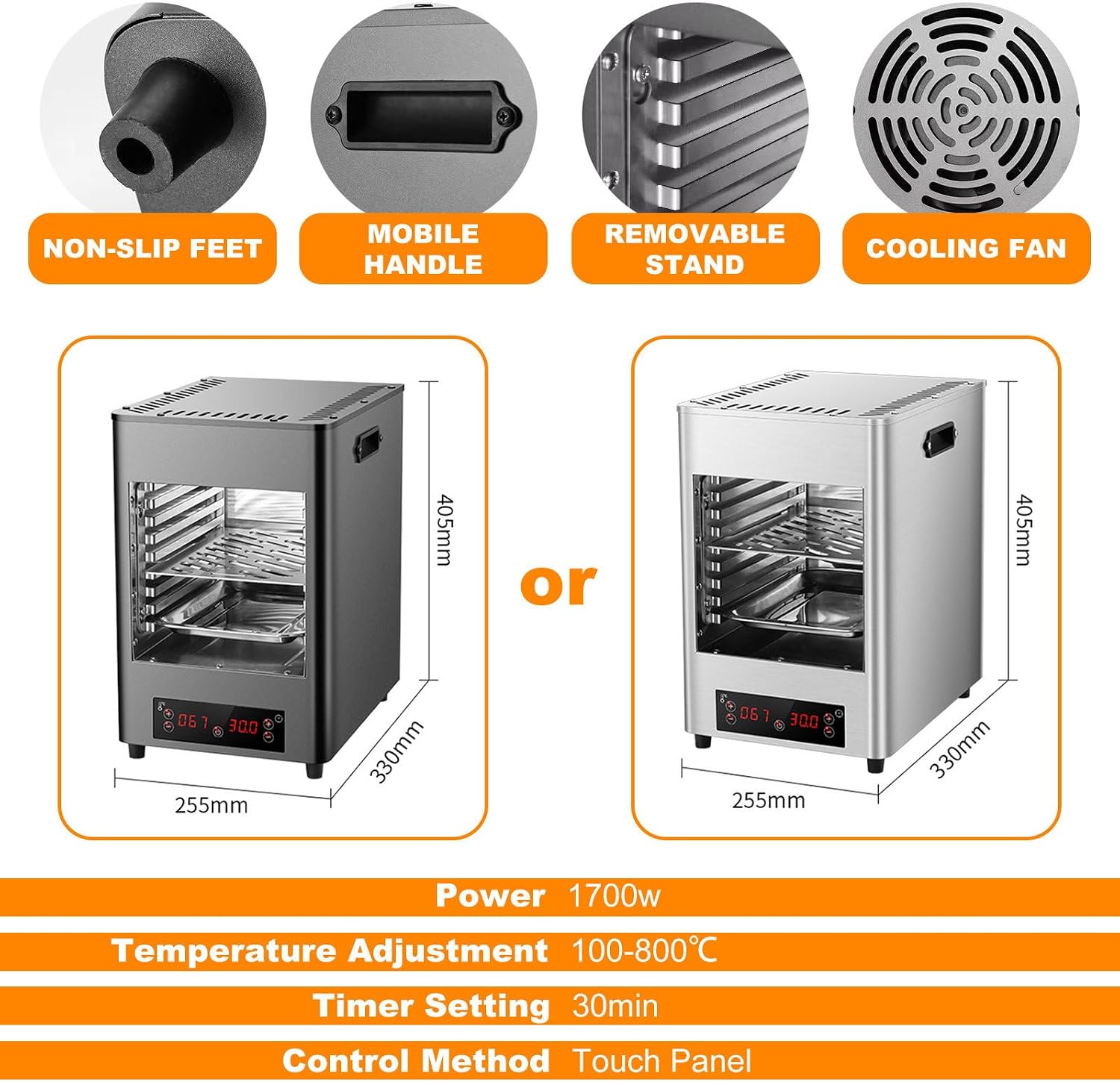 1700w Indoor Electric Steak Broiler,8-Layer Portable Countertop Oven with 30min Timing & 8 Gears 100-800℃ Temperature Adjustment (Grey)