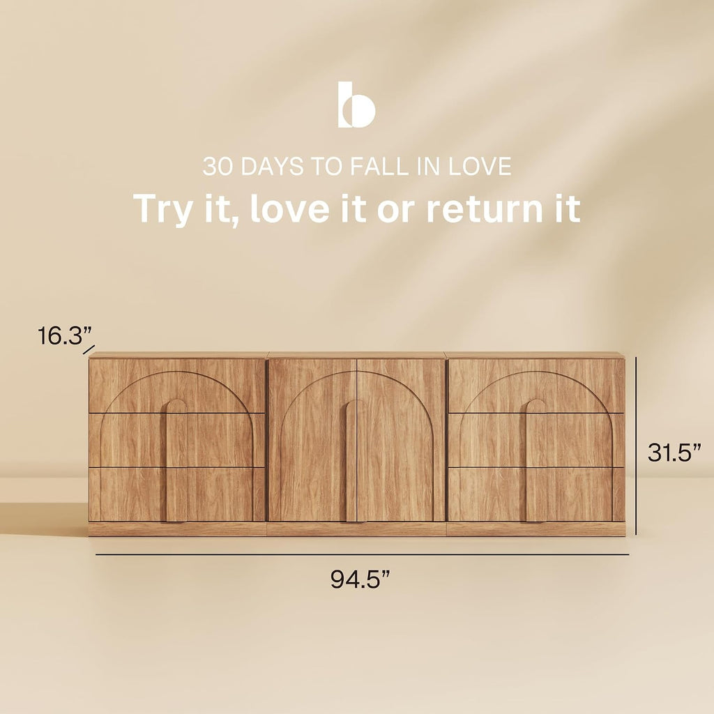 BELLEZE Modular Sideboard Cabinet Set, 3-Piece Modern Wood Buffet Cabinet Contain Arched Cabinet and 2 3-Drawer Storage, Freely Configurable Credenza for Living Room Kitchen, Camel
