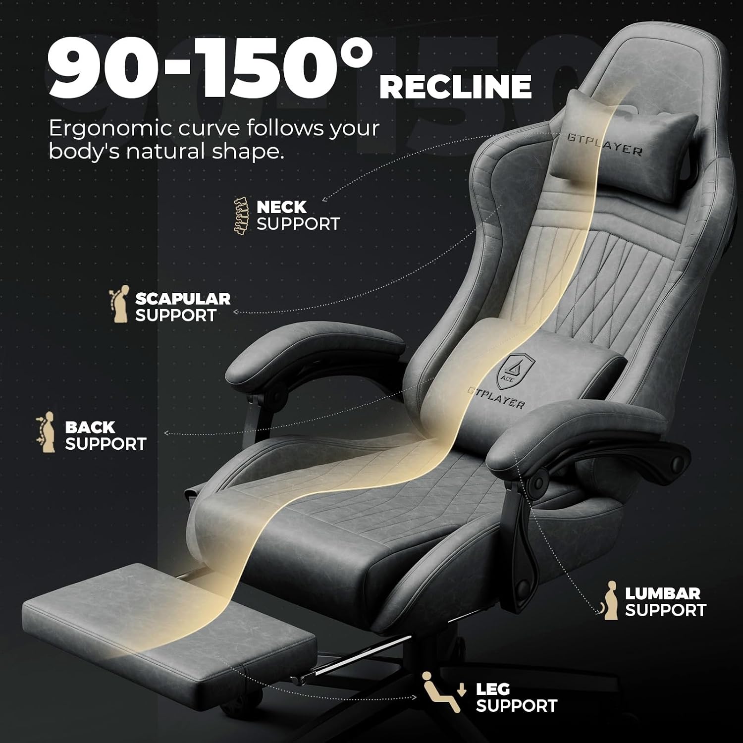 GTPLAYER ACE-PRO Music Gaming Chairs – Built-in Speakers, App Support & Bluetooth Control, Computer Game Chairs with Footrest for Adults, Ergonomic Reclining Silla, Linkage Armrest, Grey