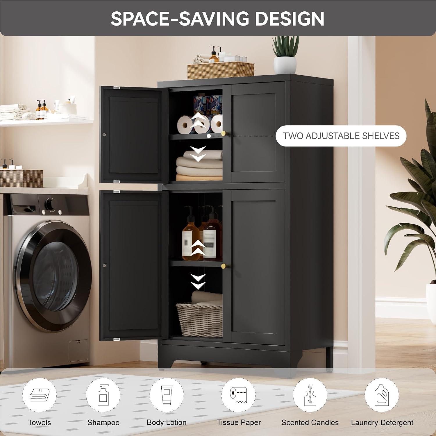 Bevivog Black Metal Locker Cabinet with 4 Doors, Metal Sideboard Cabinet Coffee Bar Storage Accent Cabinets for Home Office, Kitchen Living Room, Hallway, Entryway