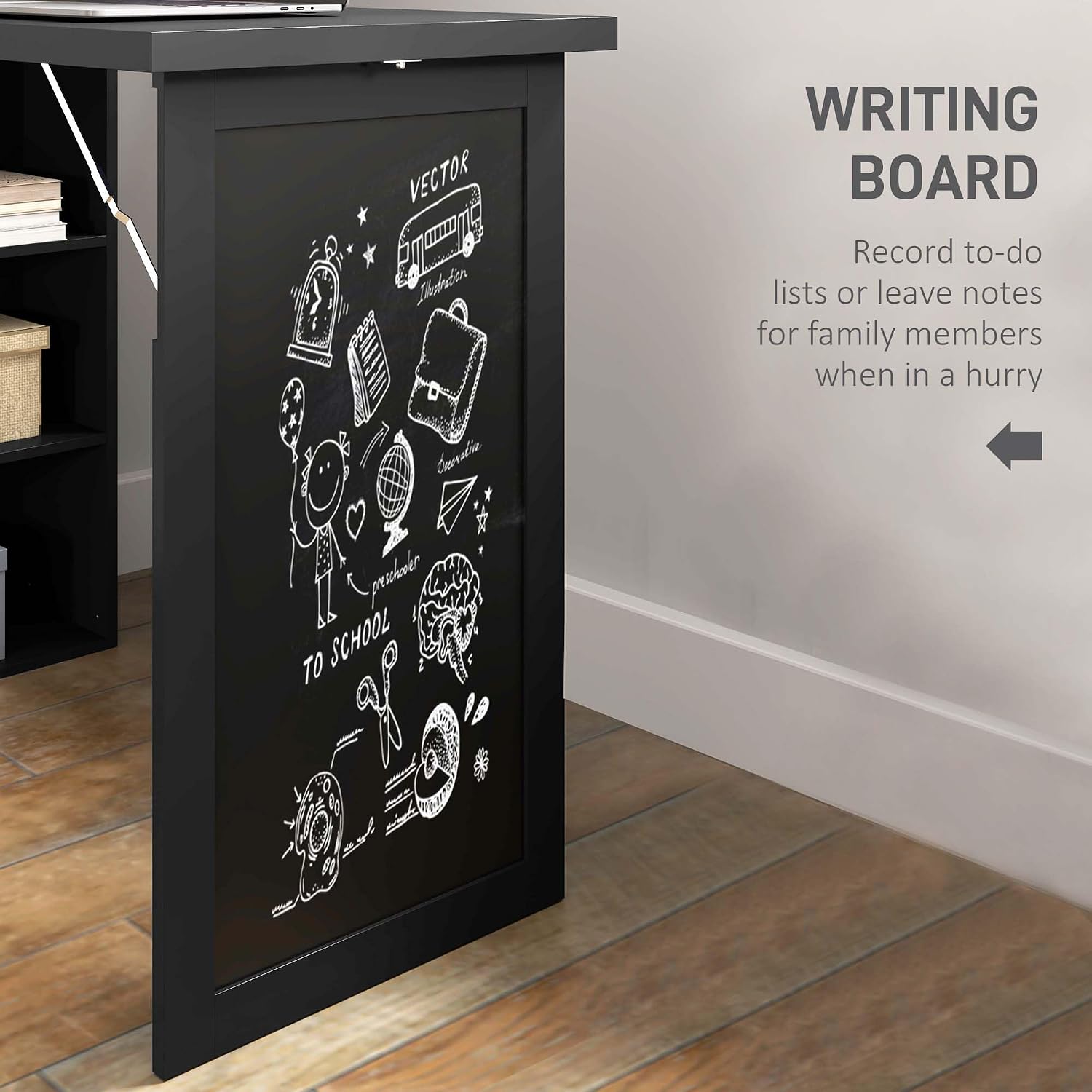 HOMCOM Foldable Convertible Writing Table, Wall Mounted Space-Saving Computer Desk with Chalkboard and Storage Shelves for Small Spaces, Home Office, Bedroom, Dorm, Apartment, Black