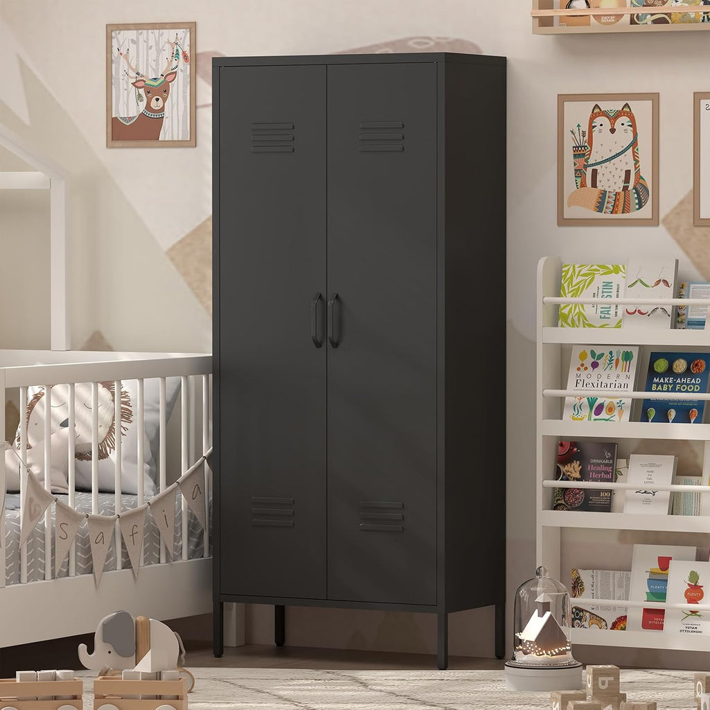 IRONFFICE Storage Cabinet,Metal Cabinets with Doors and Shelves,2 Door Metal Storage Cabinets with Legs,Black Tall Cabinet for Home Office,Utility Room