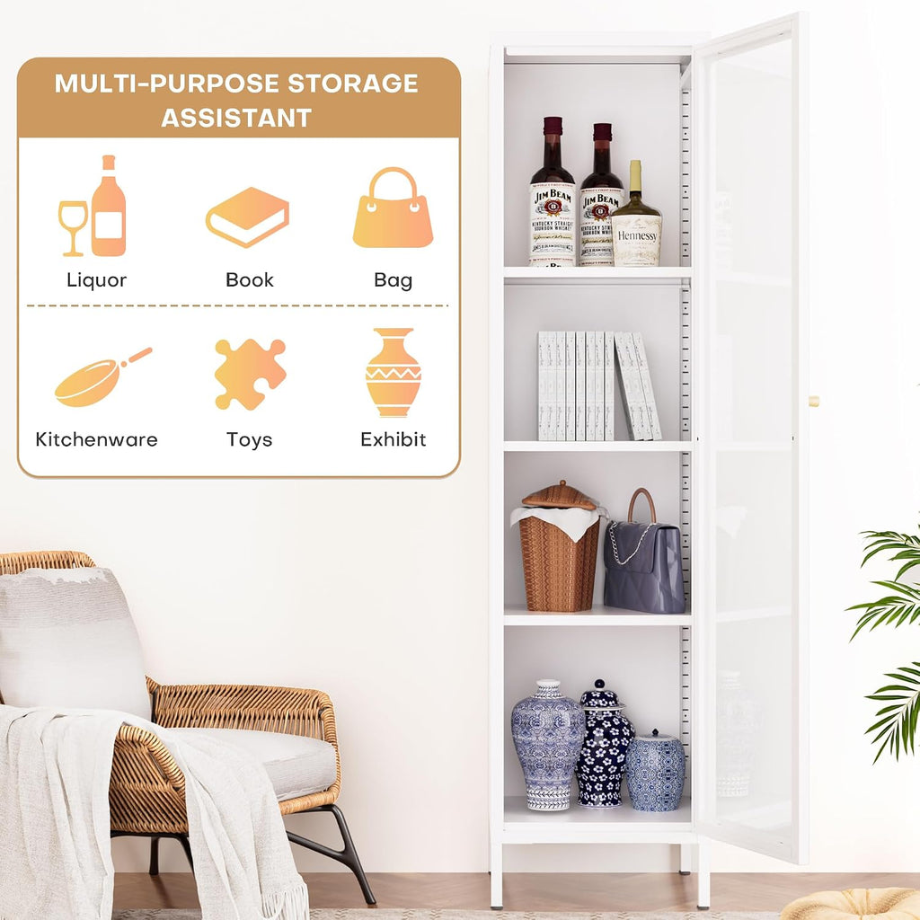 Foreate Cabinet with Glass Door, 4-Tier Curio Cabinet, Glass Display Cabinet with Adjustable Shelves, Metal Storage Display Case, Tall Bookcase for Kitchen Living Room Office, White