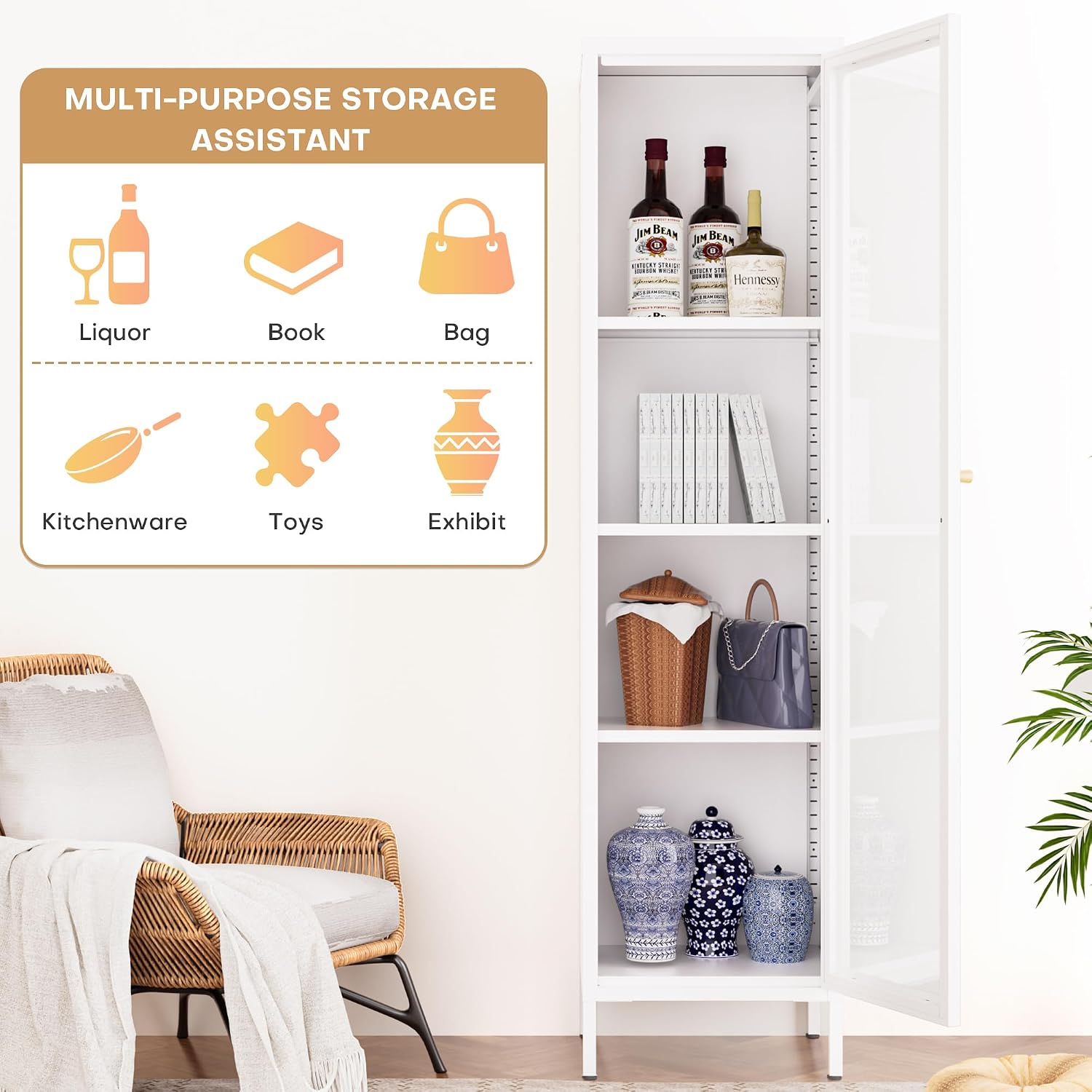 Foreate Cabinet with Glass Door, 4-Tier Curio Cabinet, Glass Display Cabinet with Adjustable Shelves, Metal Storage Display Case, Tall Bookcase for Kitchen Living Room Office, White