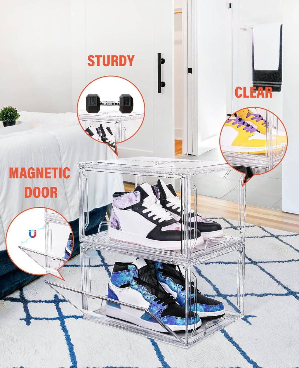 KDOR Shoe Box Clear Plastic Stackable for Sneakers,Closet,Hat. 10 Pack Sneaker Storage Boxes with Magnetic Door, Acrylic Display Case, Strong and Sturdy Fit Shoe Size Up to US 15
