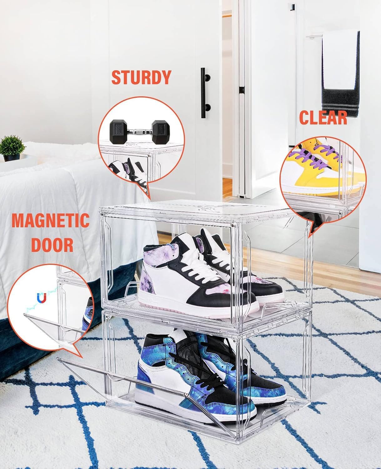 KDOR Shoe Box Clear Plastic Stackable for Sneakers,Closet,Hat. 10 Pack Sneaker Storage Boxes with Magnetic Door, Acrylic Display Case, Strong and Sturdy Fit Shoe Size Up to US 15