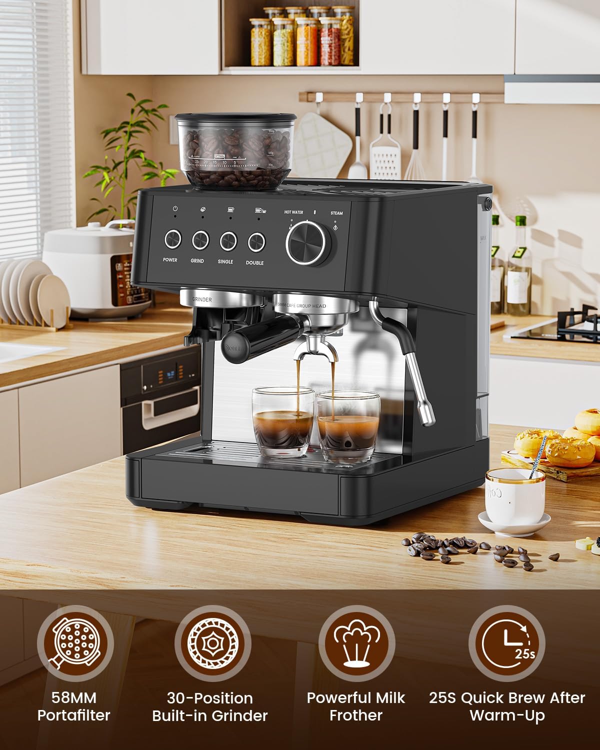 (2026 Upgrade) Espresso Machine with Grinder, Expresso Coffee Machines with Built-in Anti-Clog Coffee Grinder/Milk Steam Wand/Frother, Expresso Machines for Home Perfect Cappuccino & Latte-Matte Black