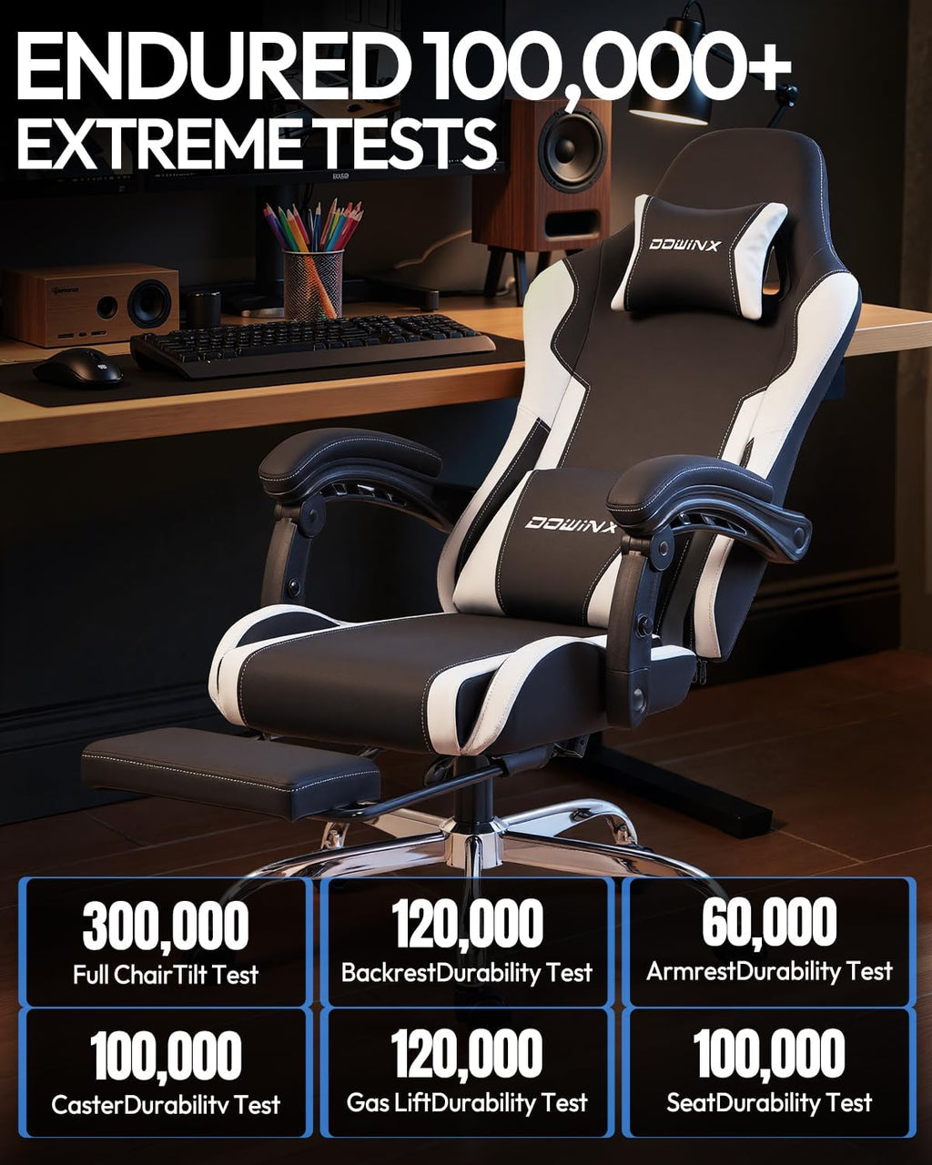 Dowinx Ergonomic Gaming Chair with Footrest & Massage Lumbar, 2D-Linkage Armrests for Computer Chair 330lbs with Headrest Pillow for Office, Home, Streaming and Long Gaming Sessions, White