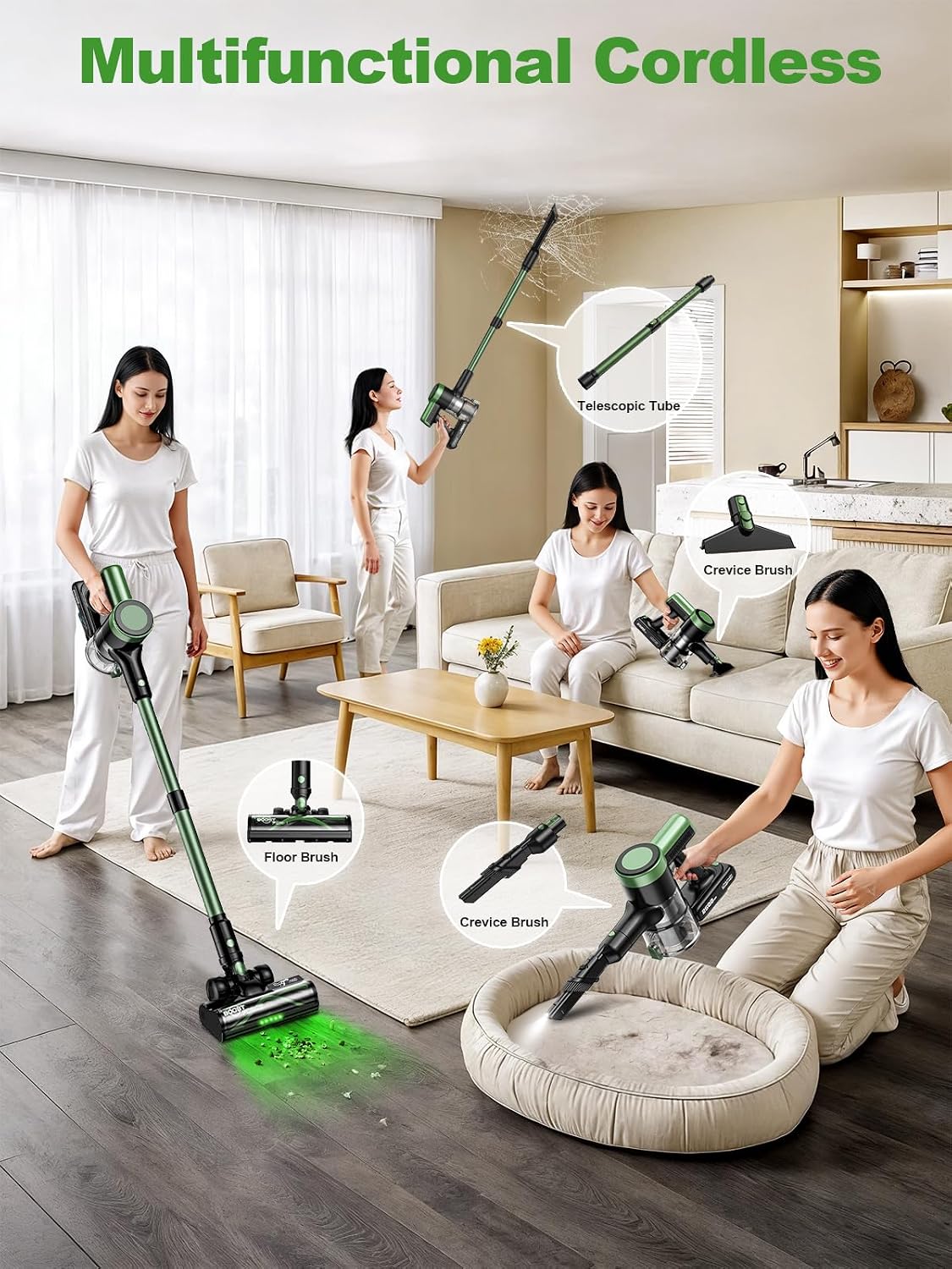 Cordless Vacuum Cleaner, 58Kpa Vacuum Cleaners for Home, 55Mins Stick Vacuum with Self-Standing & LED Display, Anti-Tangle & Wall Mount Charging (Green Black)