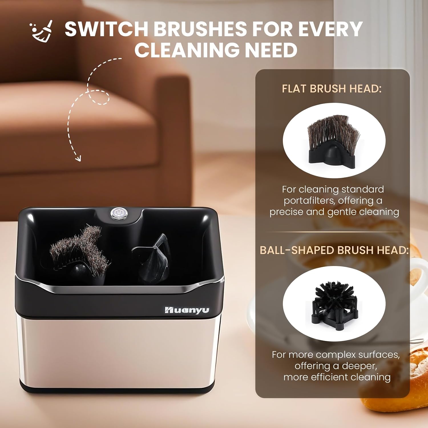 Huanyu Portafilter Cleaner Electric, 3L with Dual Brush Heads, 3 Scrapers for 58mm and 51mm Portafilters, Automatic Coffee Grounds Cleaning Machine