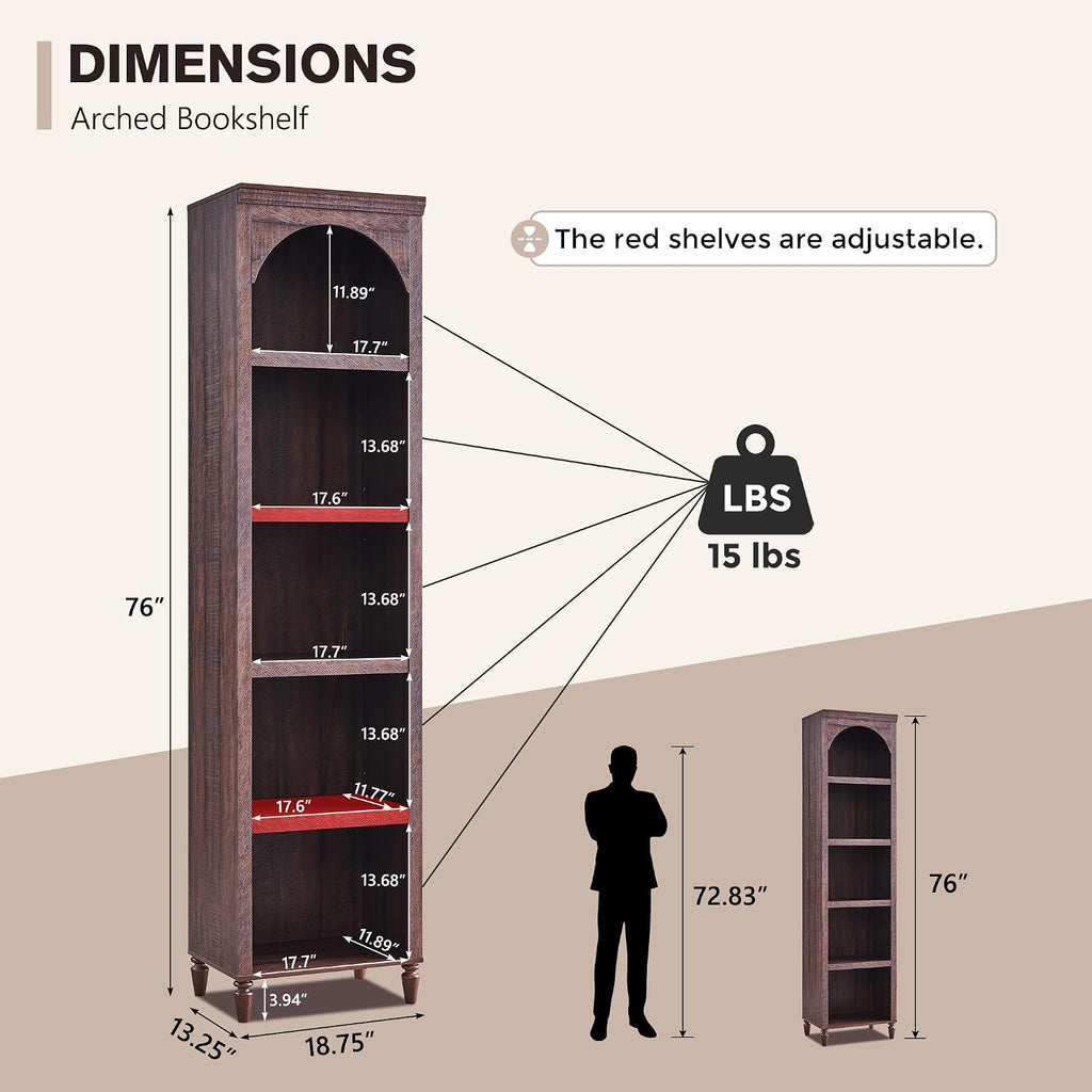 IFGET 76' Tall Arched Bookcase, Farmhouse 5 Tiers Narrow Arched Bookshelf Cabinet with Adjustable Shelves, Modern Wooden Book Shelf w/Storage and Open Display Shelves for Living Room, Office-Brown