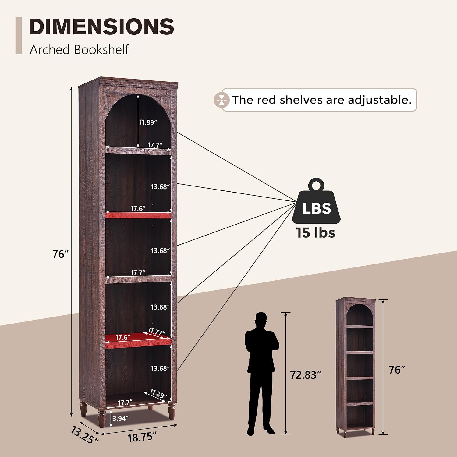 IFGET 76' Tall Arched Bookcase, Farmhouse 5 Tiers Narrow Arched Bookshelf Cabinet with Adjustable Shelves, Modern Wooden Book Shelf w/Storage and Open Display Shelves for Living Room, Office-Brown