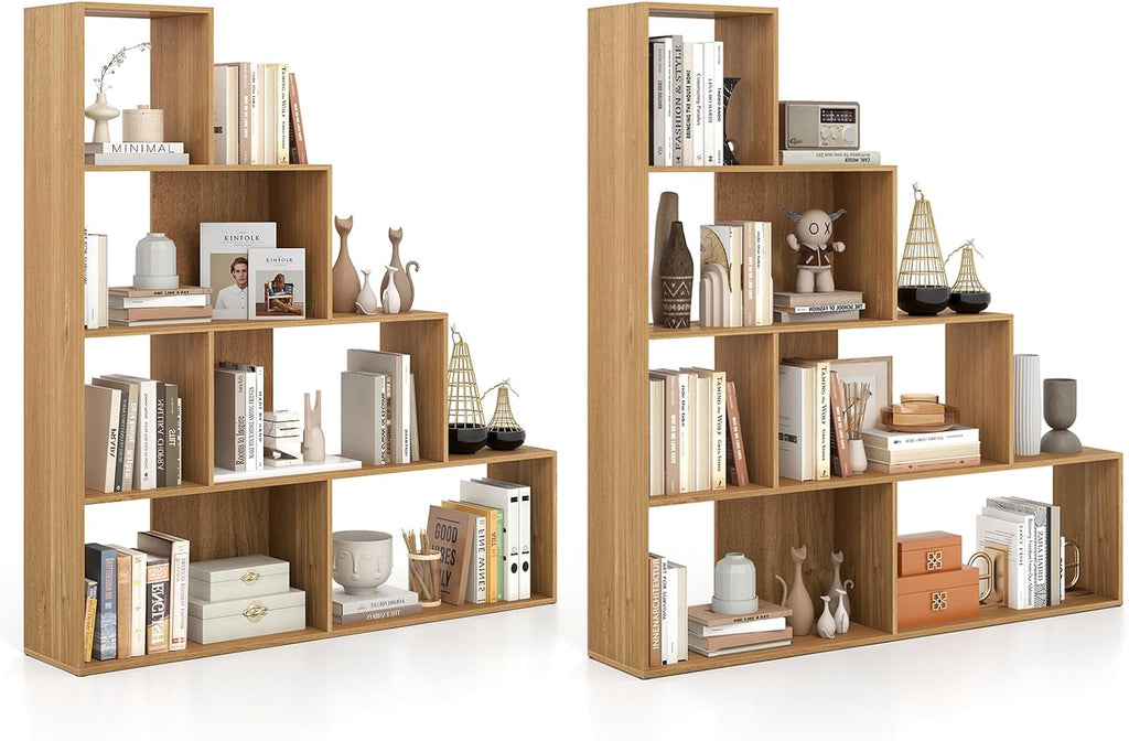 Tangkula 4-Tier Stepped Bookshelf, Freestanding 6 Cubes Ladder Bookcase with Anti-Tipping Kits, 64' Tall Modern Wooden Storage Display Rack for Home Office Living Room Study (2, Natural)