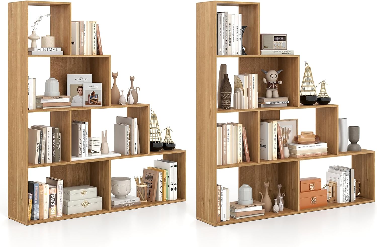 Tangkula 4-Tier Stepped Bookshelf, Freestanding 6 Cubes Ladder Bookcase with Anti-Tipping Kits, 64' Tall Modern Wooden Storage Display Rack for Home Office Living Room Study (2, Natural)