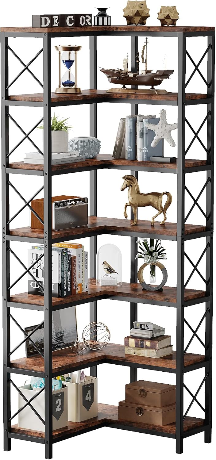 Tribesigns 7-Shelf Corner Bookshelf,Large Modern Corner Bookcase, 7-Tier Tall Corner Shelf Storage Display Rack with Metal Frame for Living Room Home Office (Rustic Brown) | Large, Corner Bookcase, Tall, Corner Shelf, Storage Display Rack, Living Room