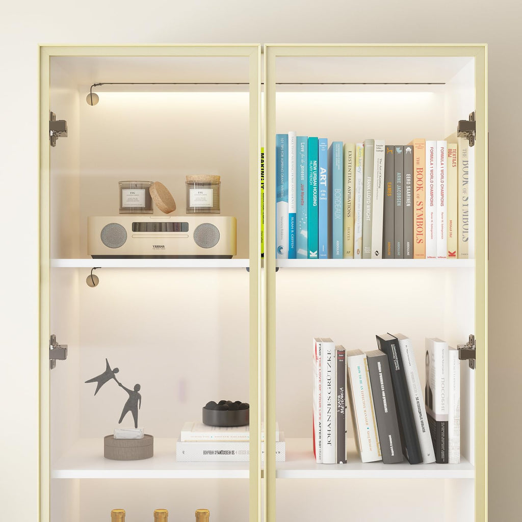 Display Cabinet with Glass Doors and Lights, Glass Display Cabinet with 4-Tier Storage Shelves, Pop-up Design, Trophy Case White and Champagne Gold (31.5'W x 15.7'D x 63'H)