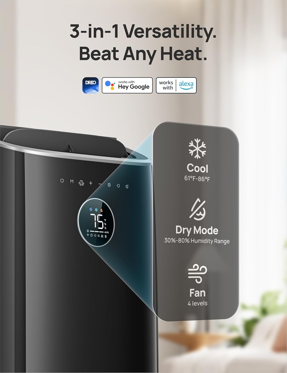 DREO Portable Air Conditioner 515S, 12000 BTU ASHRAE (8000 BTU DOE) Smart AC Unit for Bedroom with Drainage-free Cooling, Fan&Dehumidifier 3 in 1, APP/Voice/Remote, Quiet Standing AC for Room Indoors