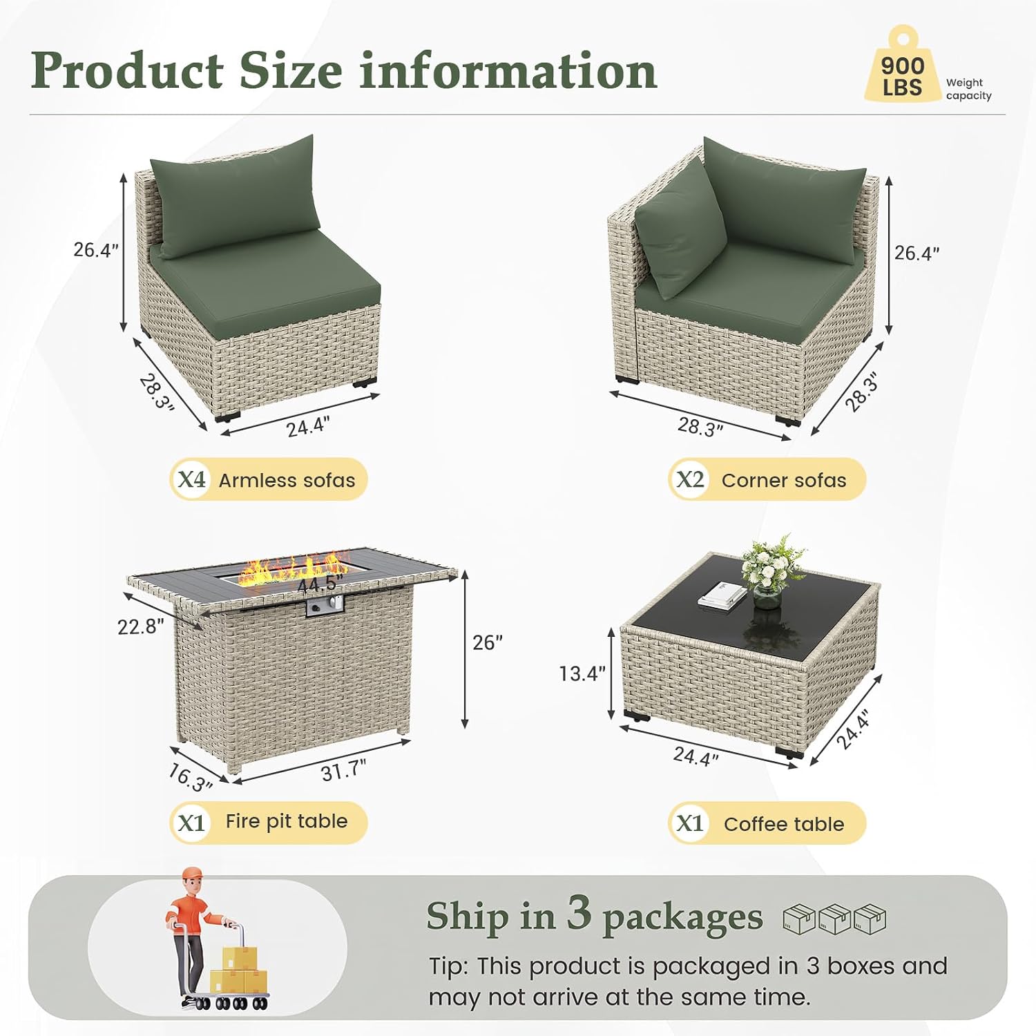 UDPATIO Patio Furniture Set with Fire Pit Table, 8 Pieces Outdoor Sectional Sofa, PE Wicker Patio Conversation Set for Garden, Backyard Green