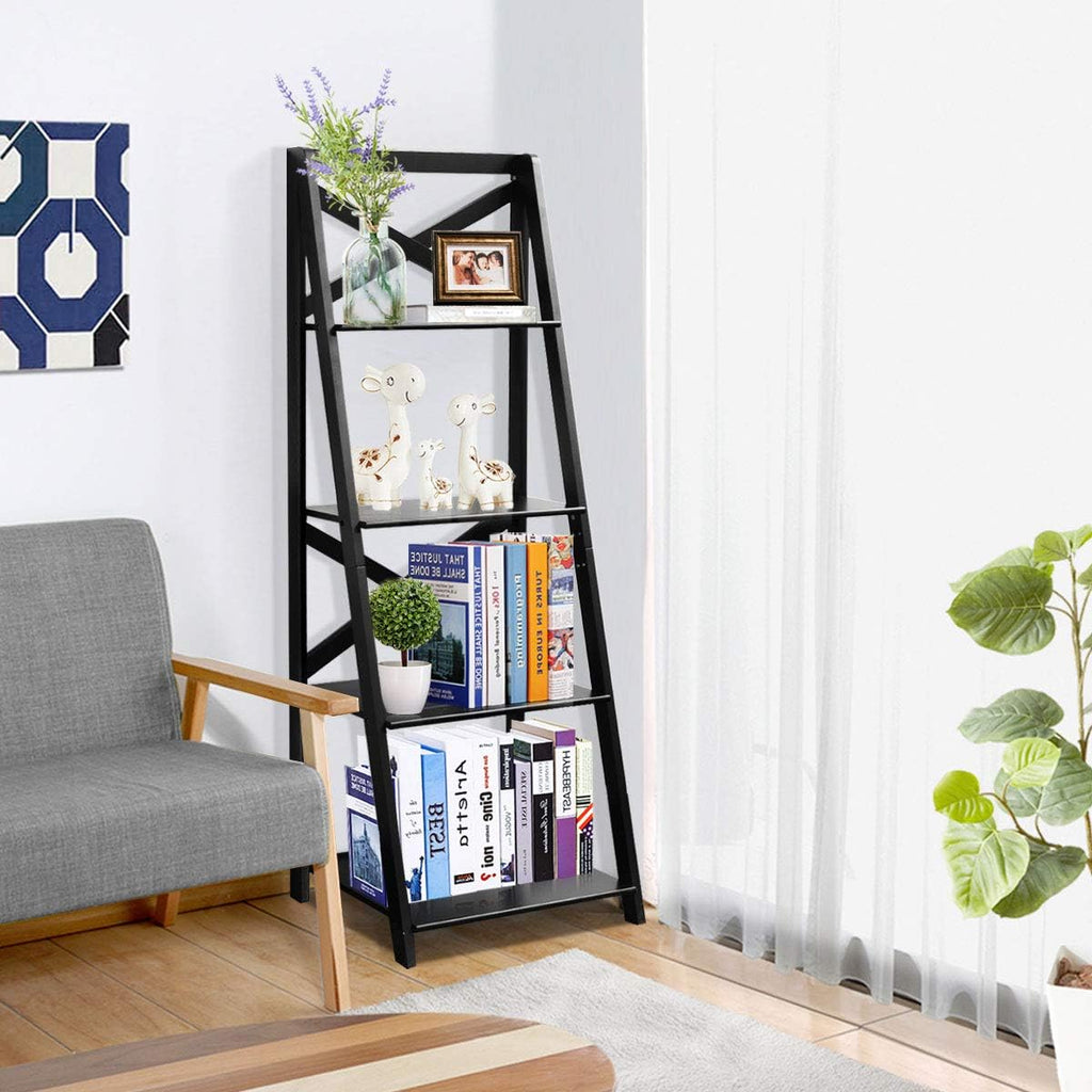 Tangkula 4-Tier Ladder Shelf Bookcase (Set of 2), Leaning Free Standing Wooden Frame Decor Bookshelf, Storage Flower Shelf, Plant Display Shelf for Home Office